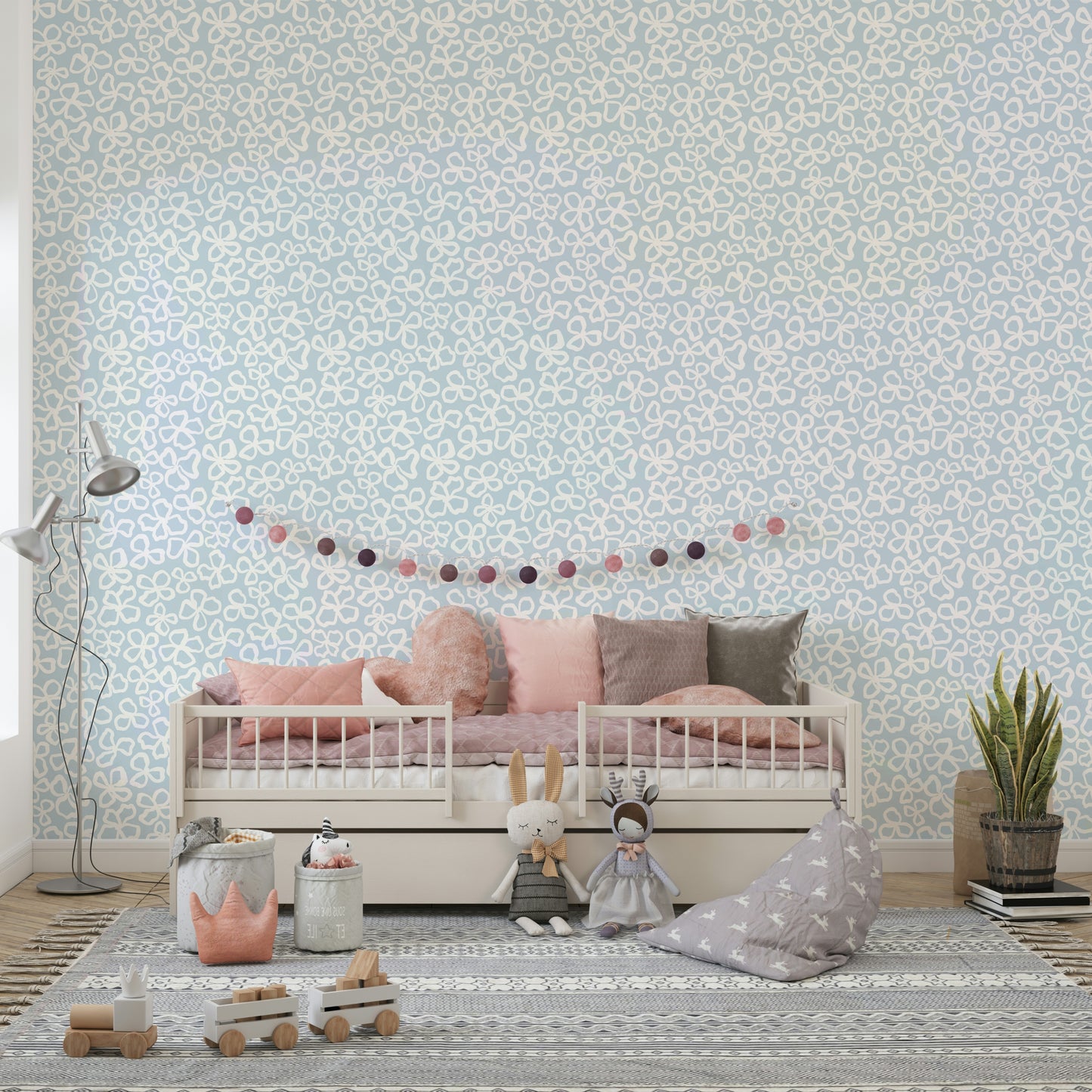 Dreamy wallpaper with fine white floral illustrations

