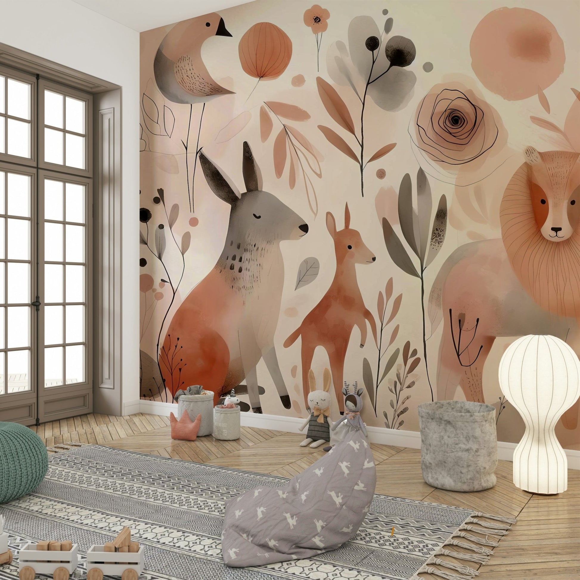Whimsical wild animals in bold patterns on wall mural design.

