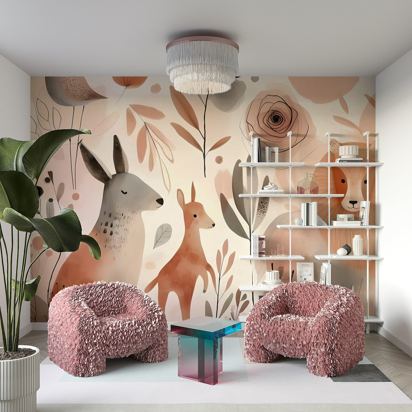 Whimsical Wild Things Wall Mural featuring playful wild animals.

