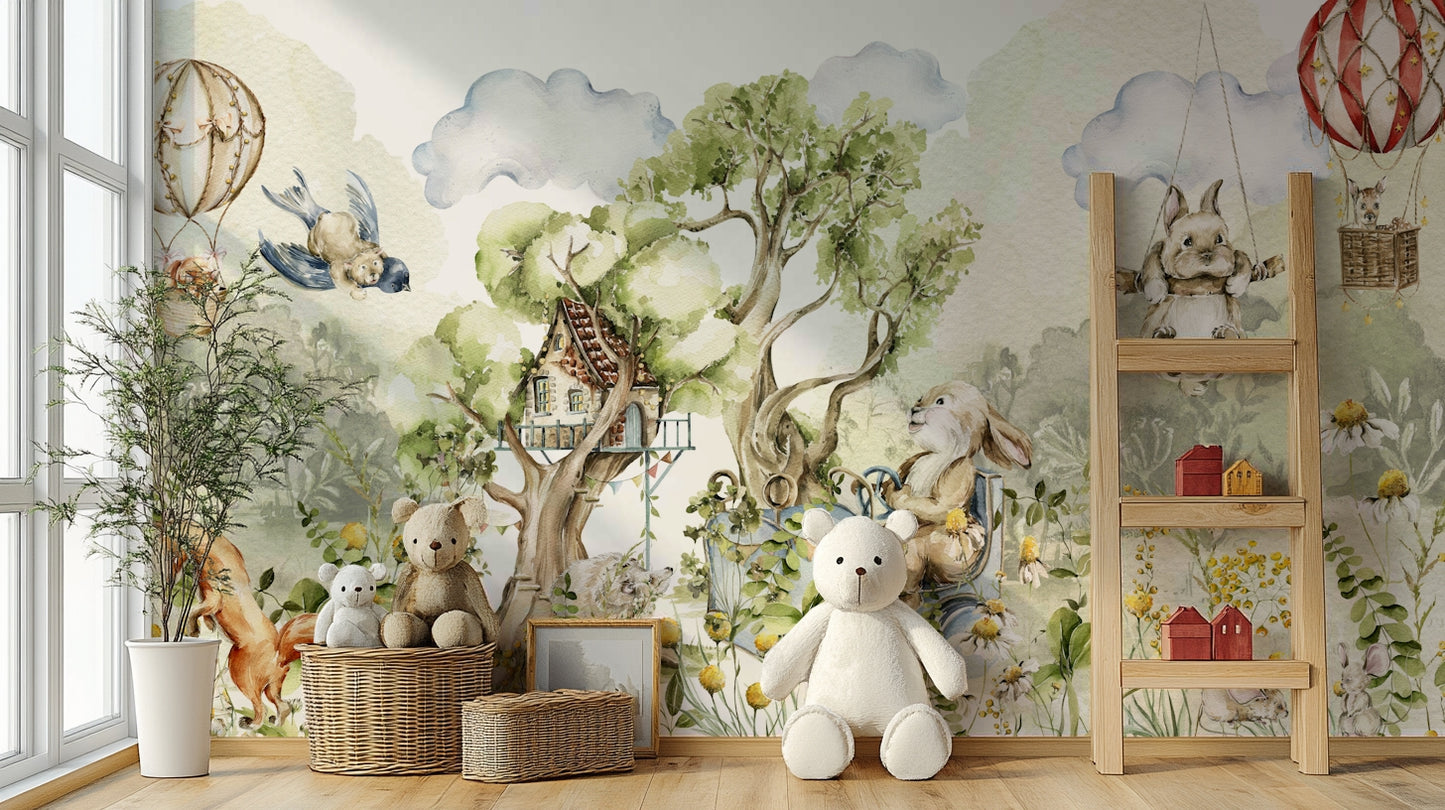 Wall mural with soft trees and animals

