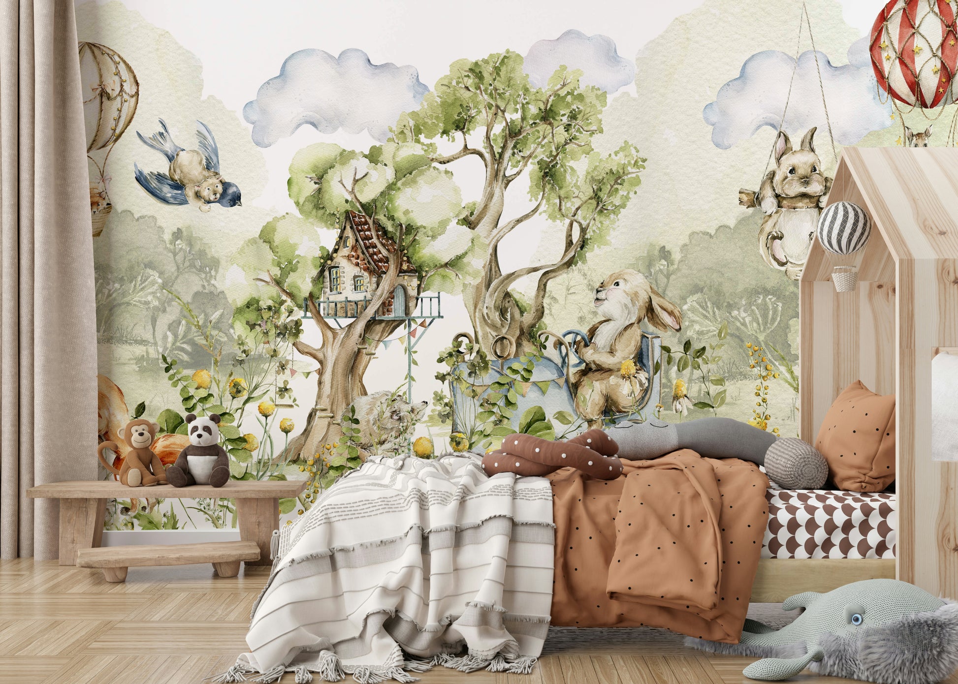 Gentle forest wallpaper for kids’ walls

