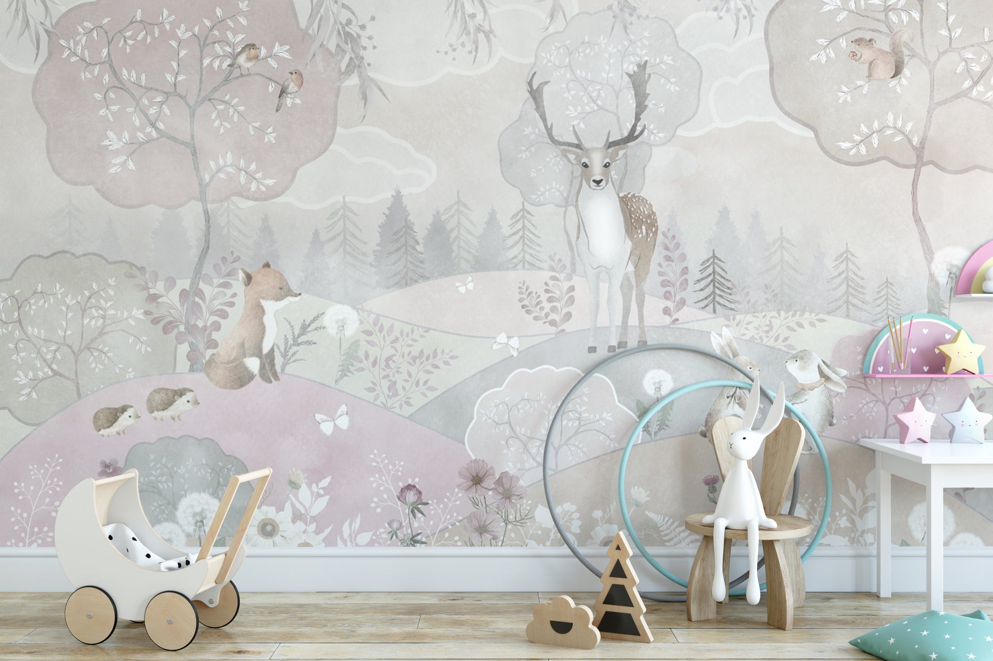 Cozy Forest-Themed Kids' Wallpaper
