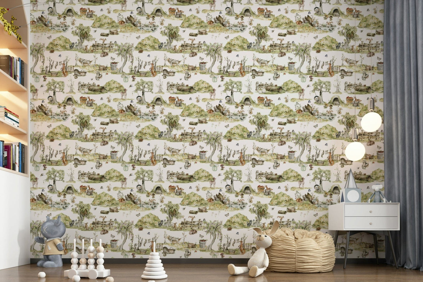 Playful bunny rabbits wallpaper Whimsical Woodland Friends nursery feature.
