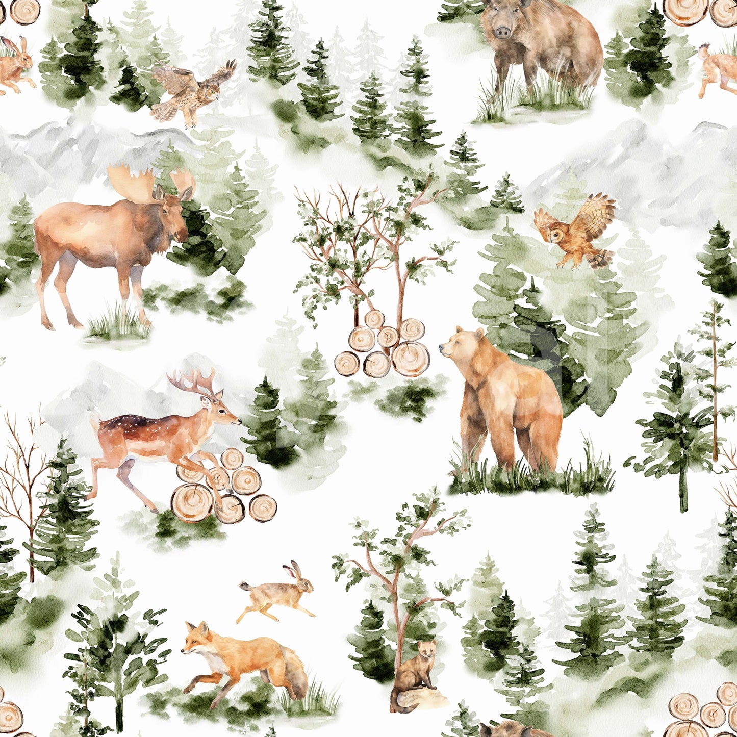 Beautiful Woodland Nursery Pattern peel and stick wallpaper for kids' rooms.