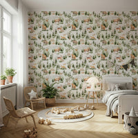 Soft green pine forest Woodland Nursery Pattern wallcovering with fauna.