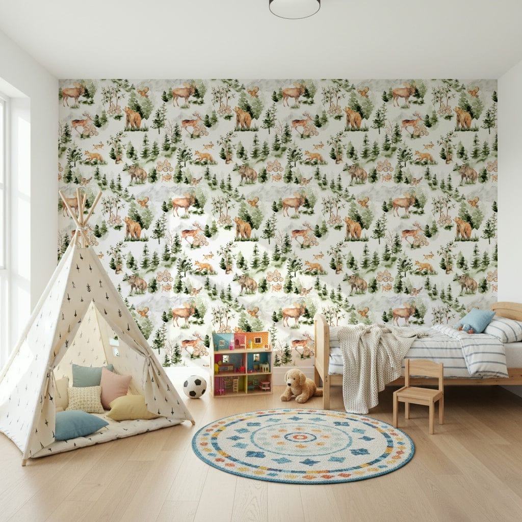 Neutral green Woodland Nursery Pattern Wallpaper room decor for children.