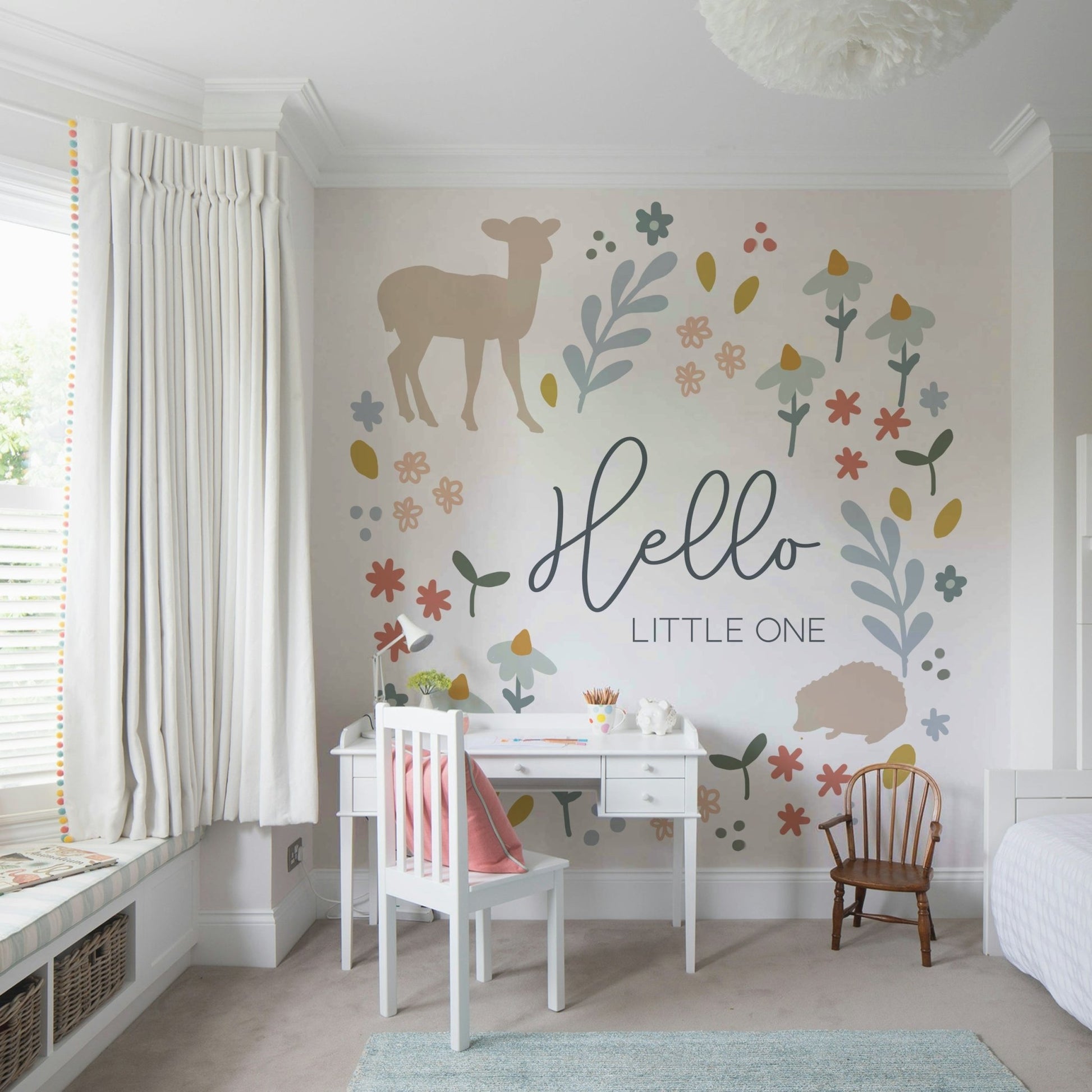 Whimsical woodland wall mural perfect for a playful room.

