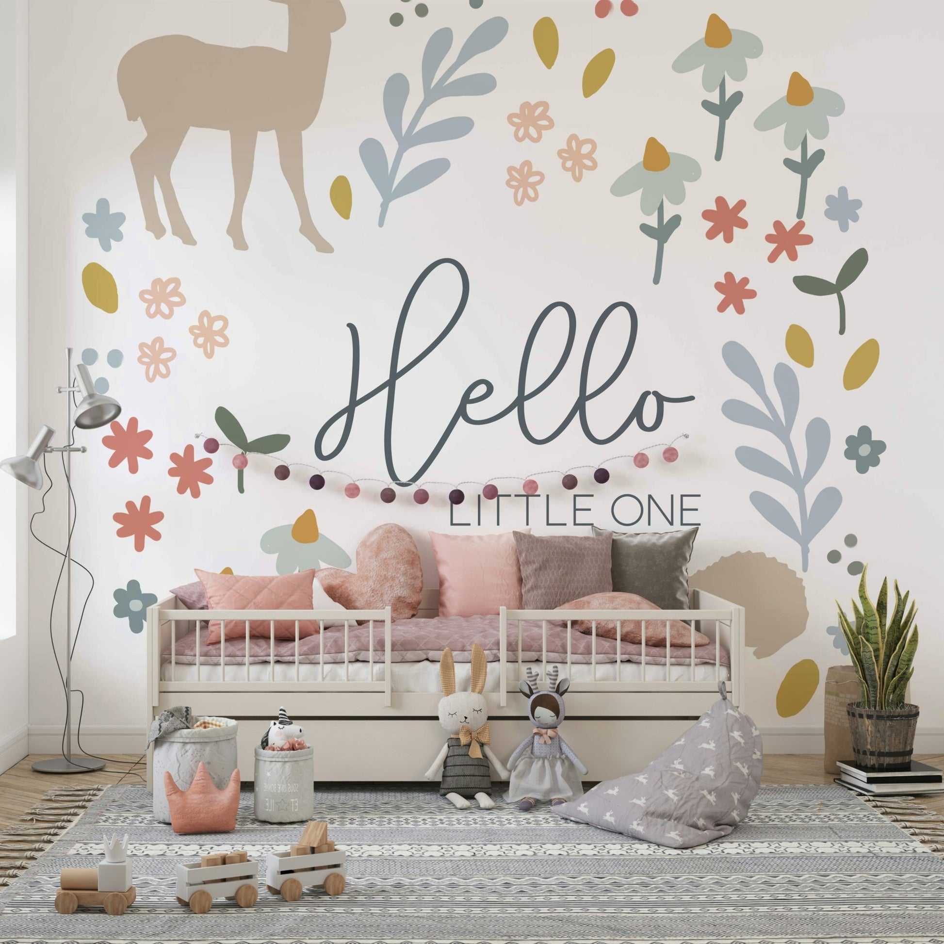Enchanting woodland creatures mural for a baby nursery.

