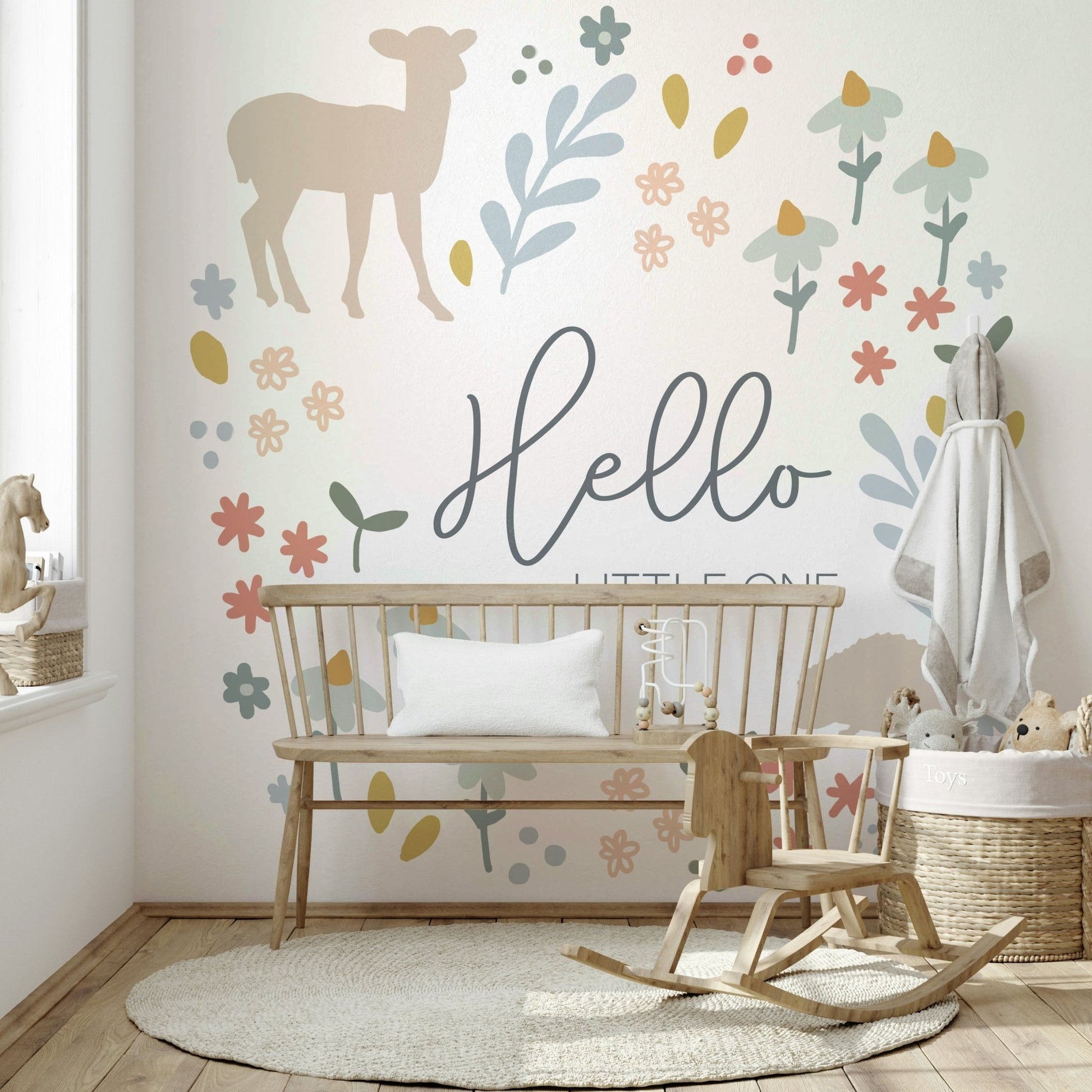 Whimsical Woodland Nursery Wall Mural with playful animals.

