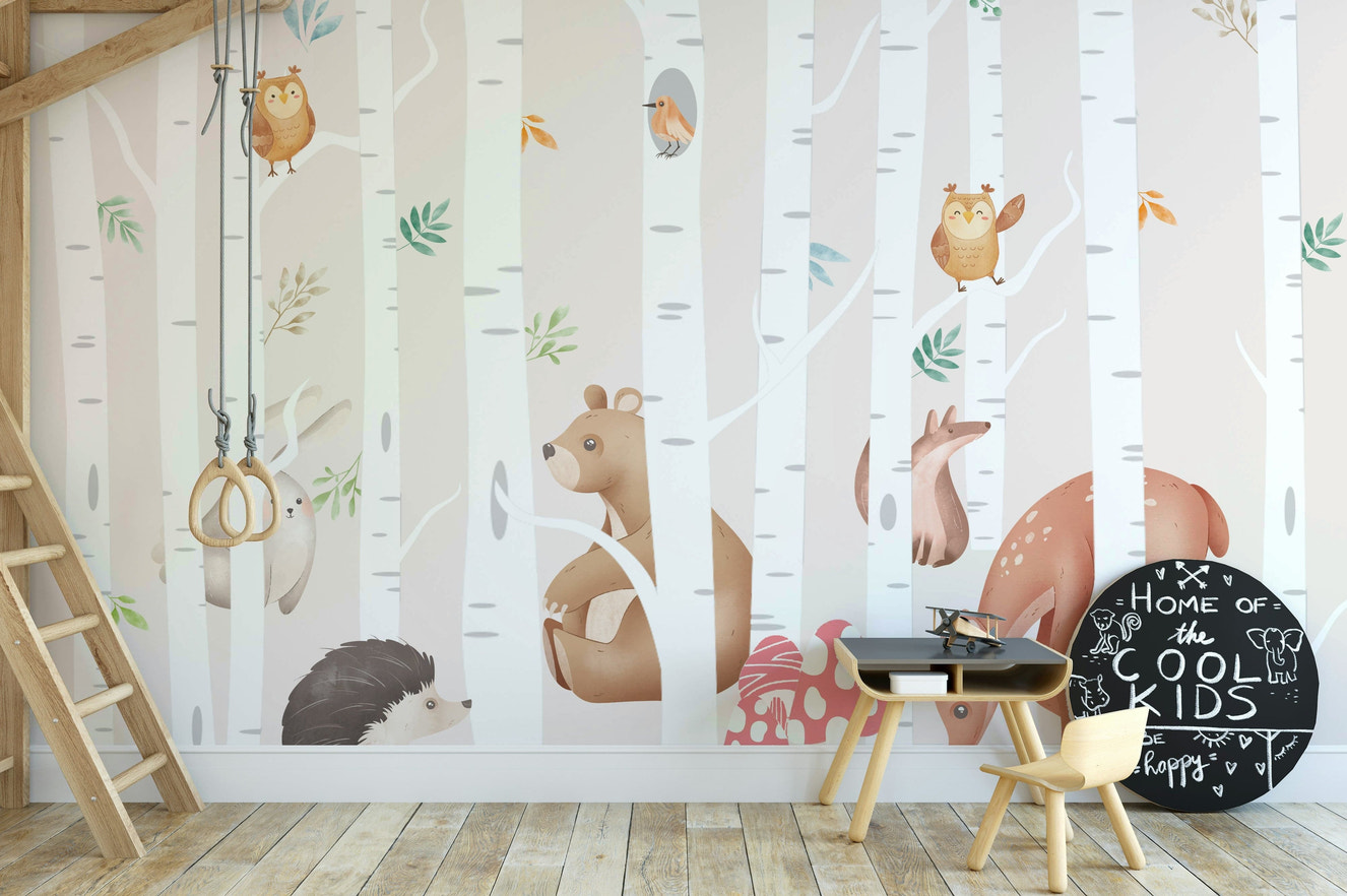 The design features friendly animals in a birch grove.


