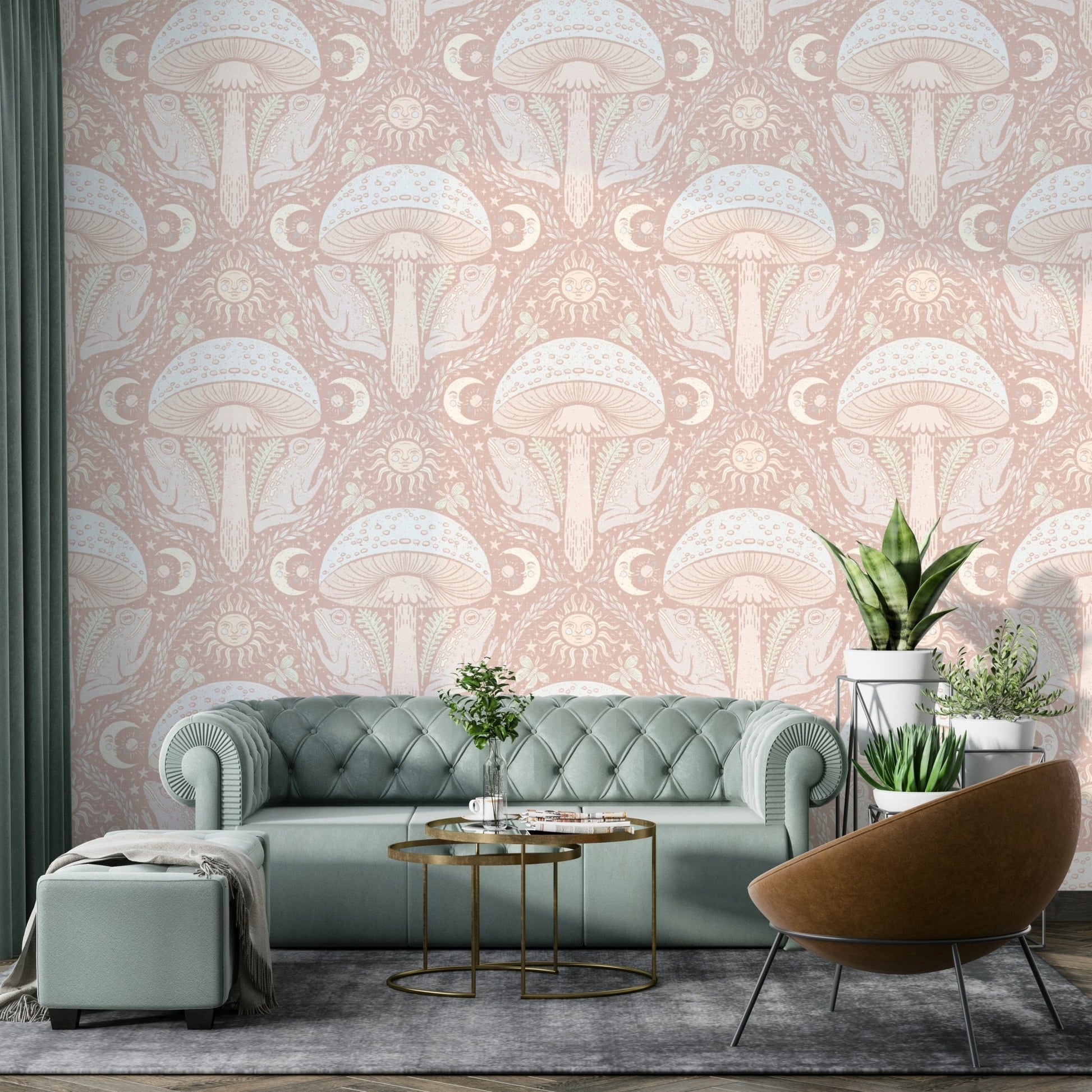 Enchanted forest wallpaper in pastel color scheme

