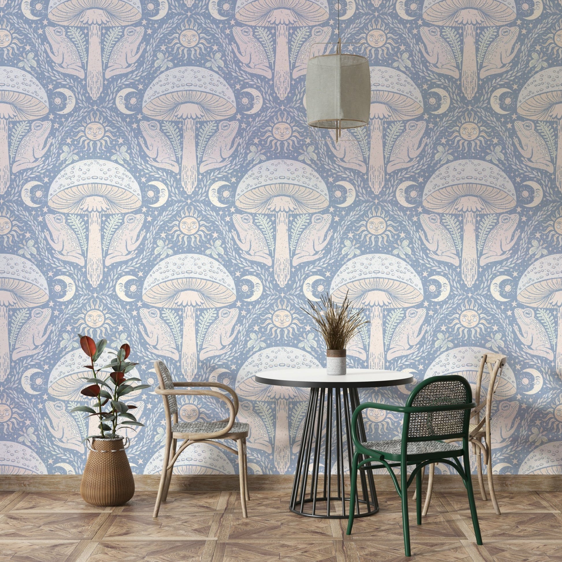 Toadstools and vines in soft gothic wallpaper design

