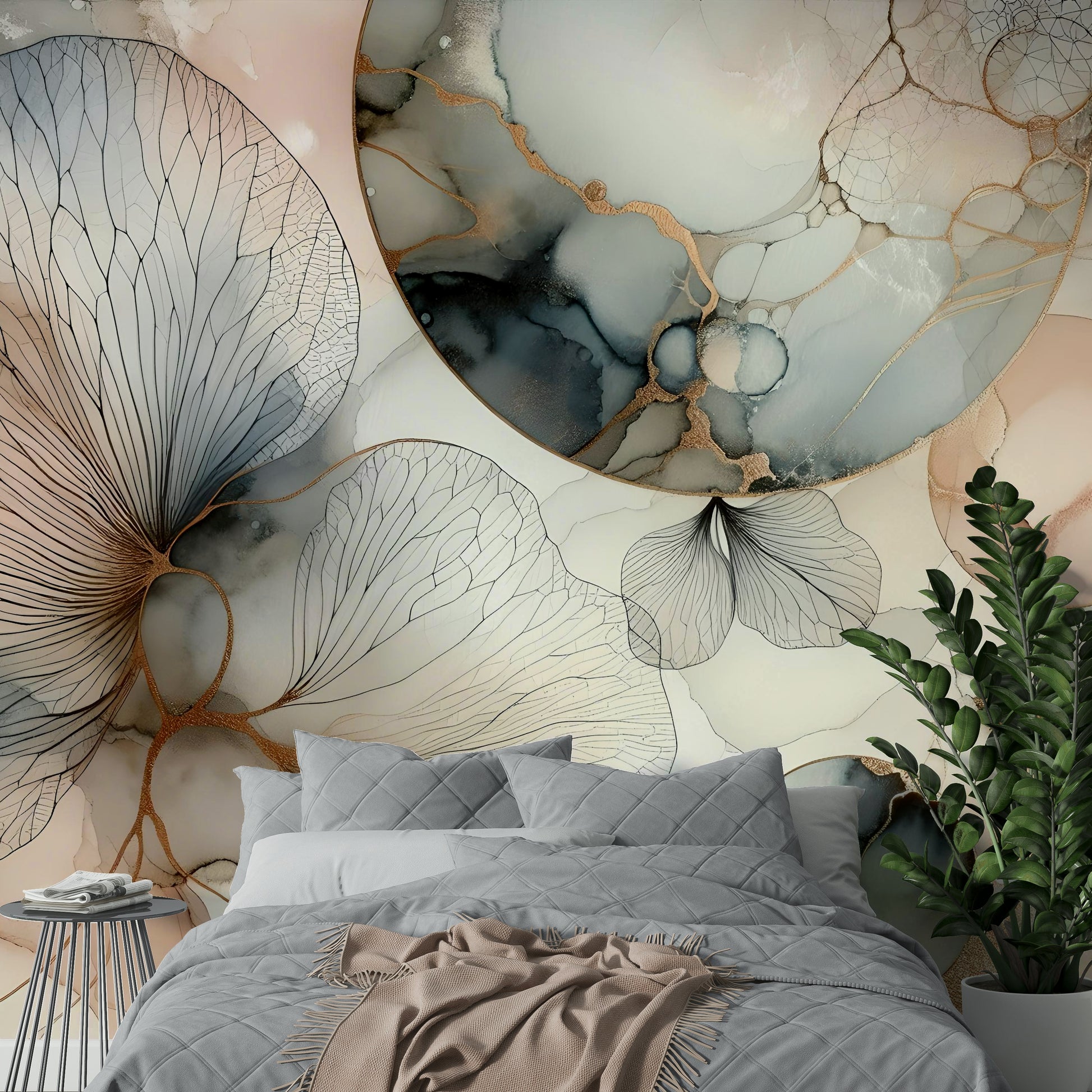 Minimalist forest scene wall decor for a home office with a wooden desk.