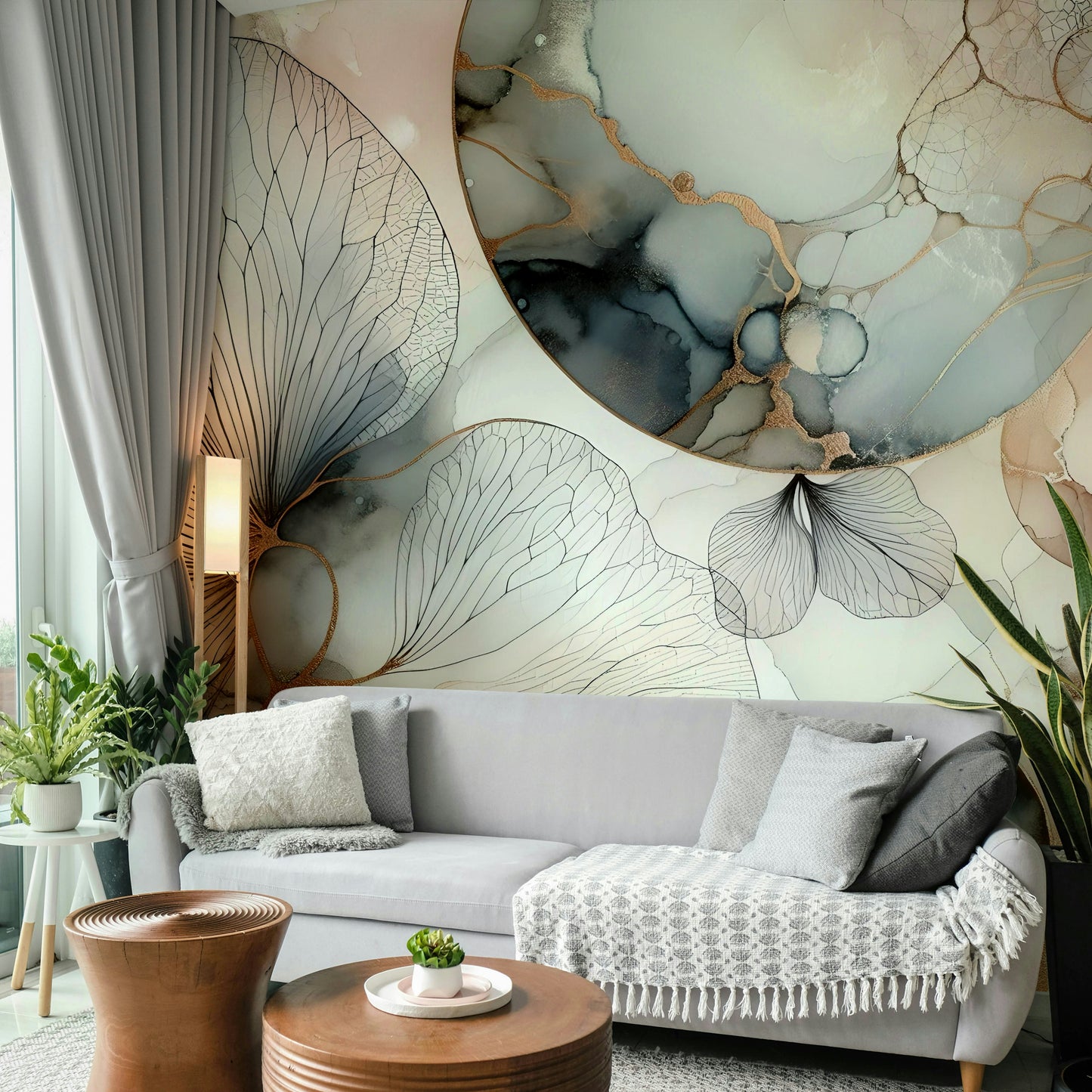 Sage green leaf pattern wallpaper in an airy apartment dining area.