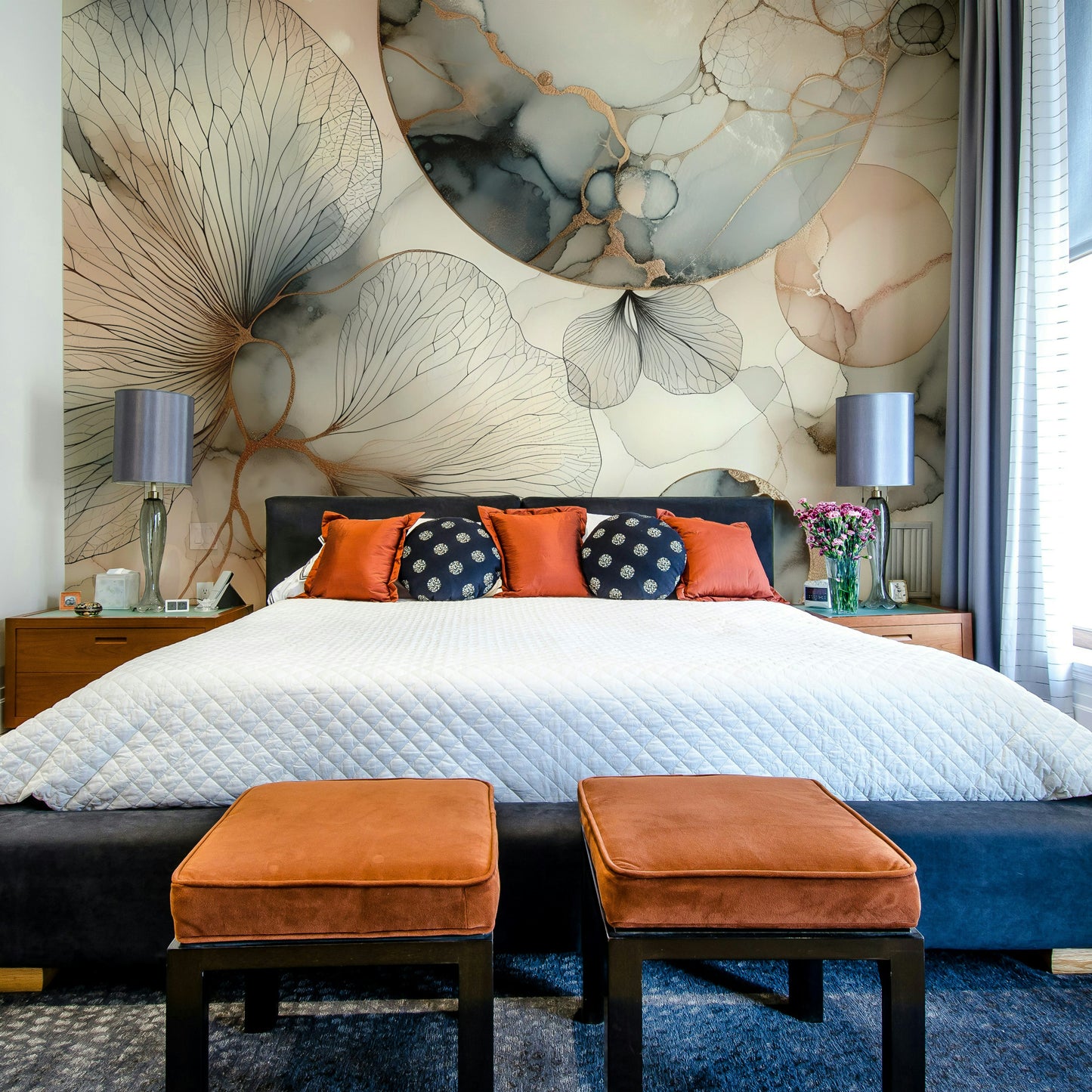 Soft botanical wallpaper for a quiet master bedroom with neutral bedding.