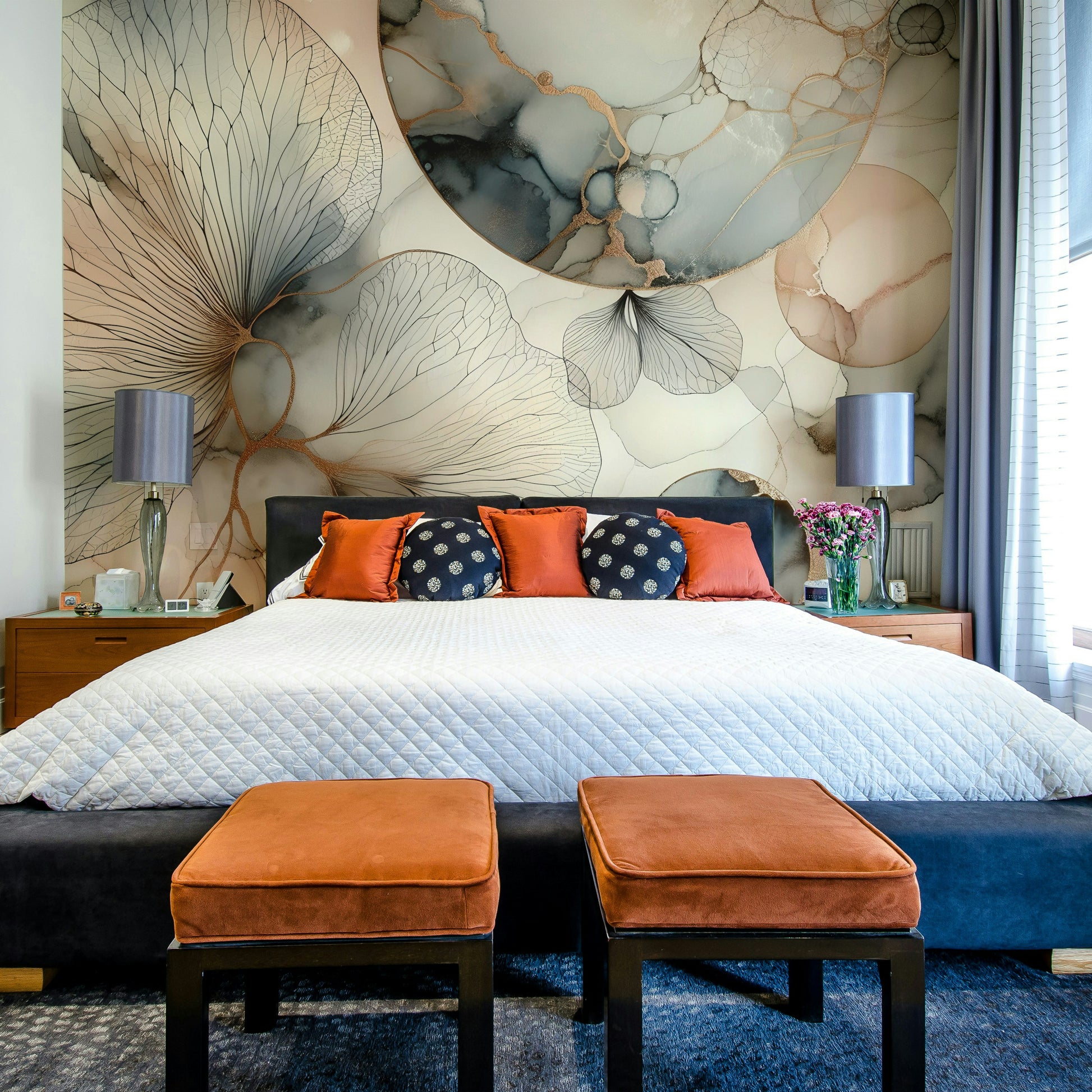 Soft botanical wallpaper for a quiet master bedroom with neutral bedding.