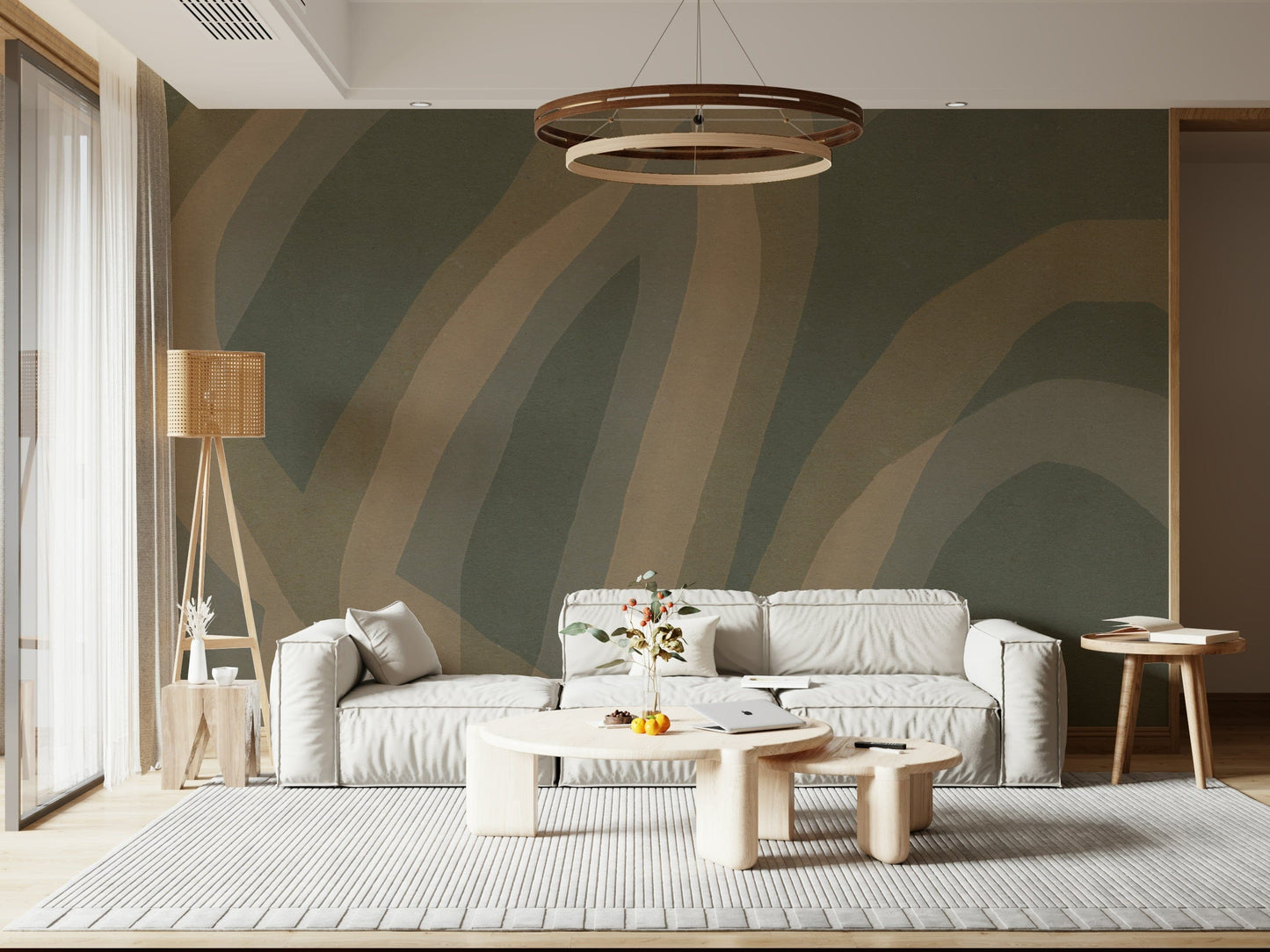 An artistic subtle trail mural on minimalist wallpaper.

