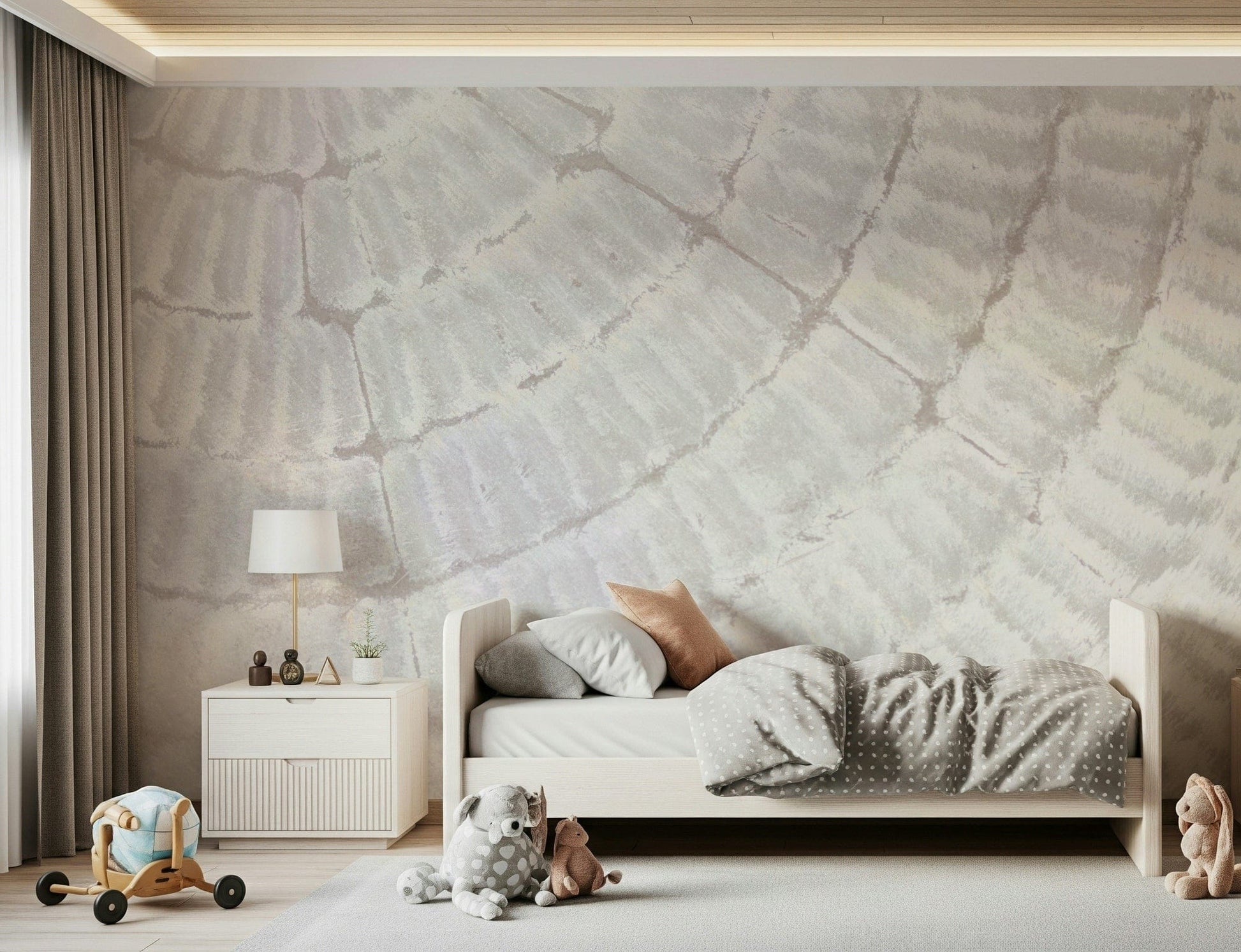 Soft, textured wall mural creating a serene ambiance with subtle depth and neutral hues.