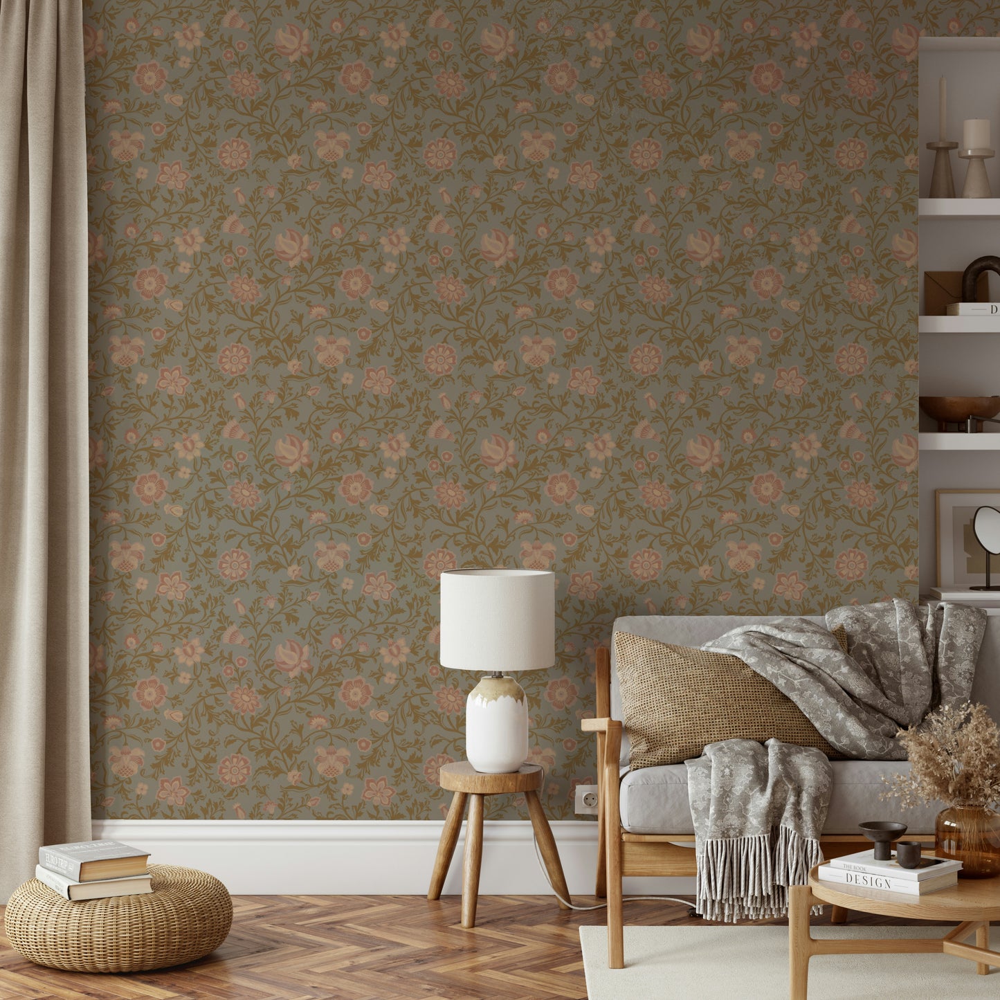 Detailed flower design of Whispering Blooms wallpaper

