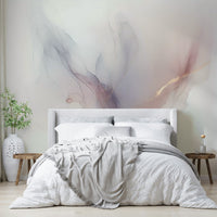 Whispering Hues Wall Mural behind a mid-century modern desk in a den.