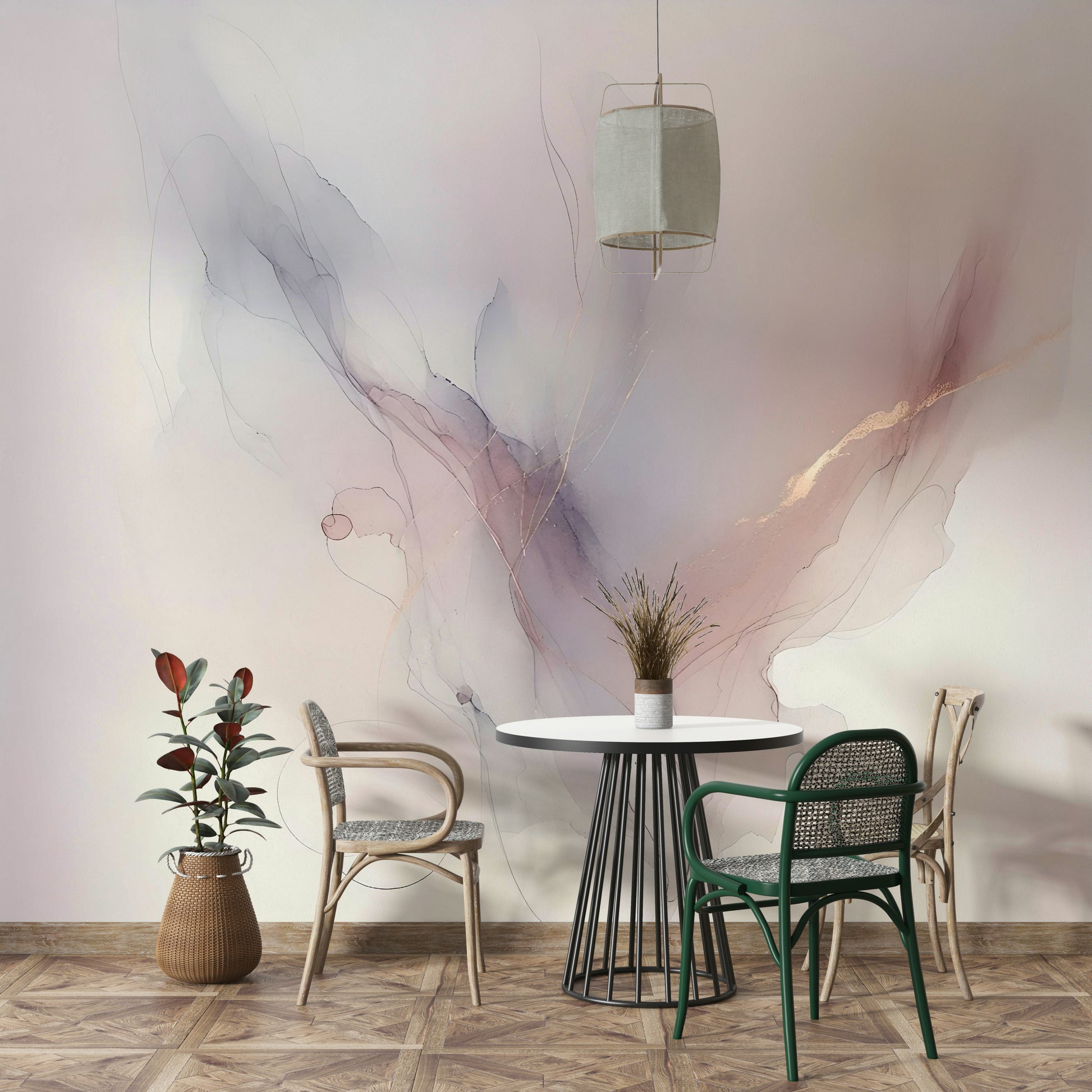 Soft watercolor gradient wallpaper for a peaceful master bedroom setting.