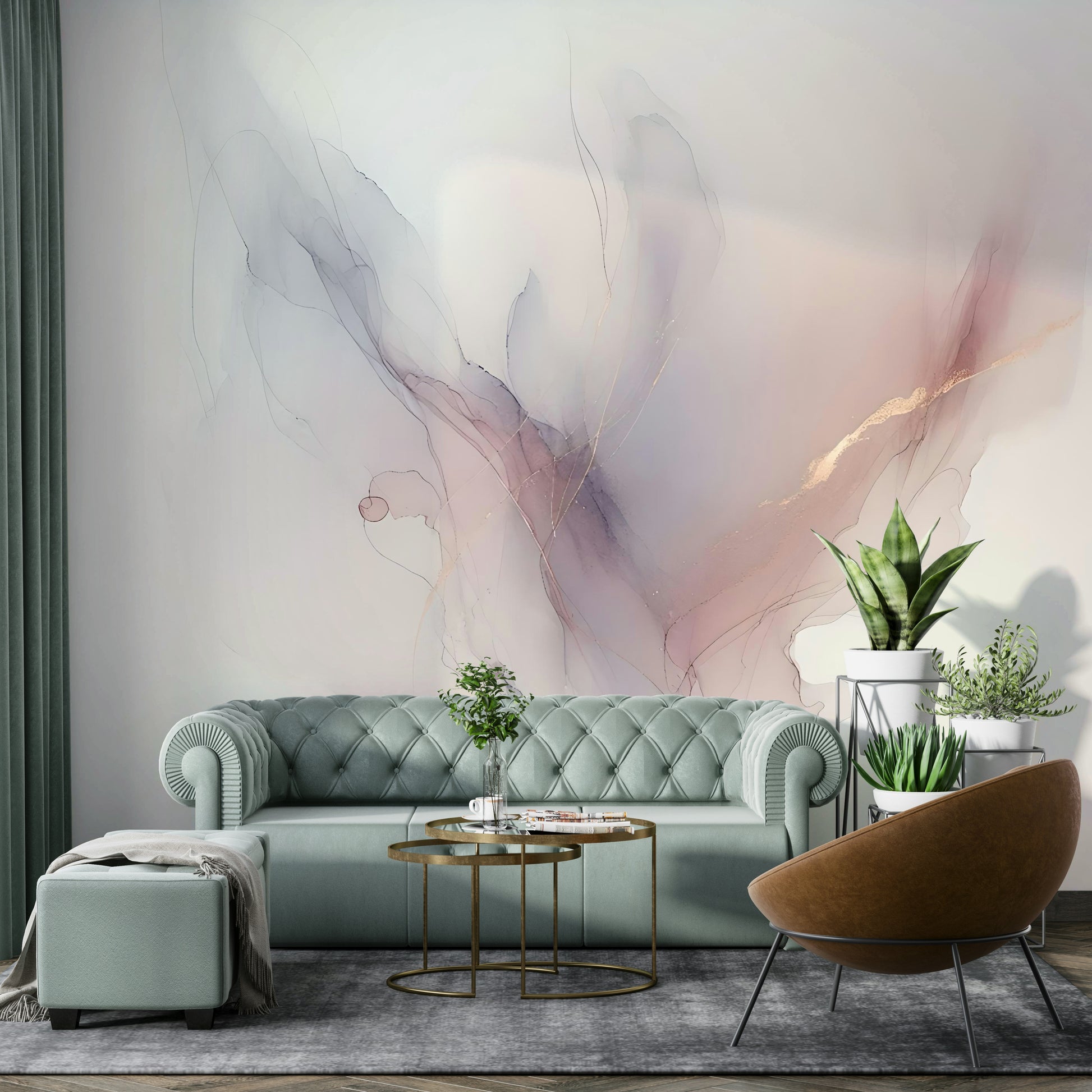 Calm atmospheric wall covering for a guest room with natural light.