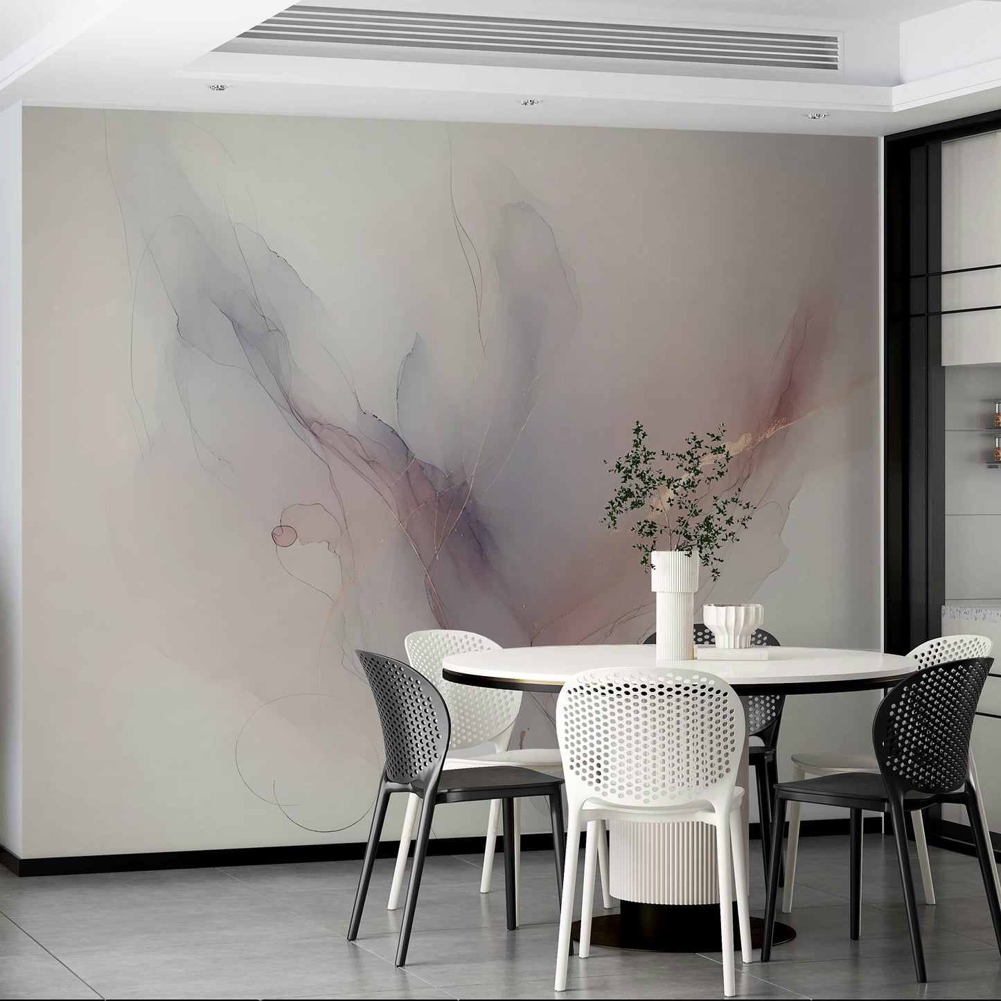 Minimalist wall decor featuring pastel tones in a bright home office.