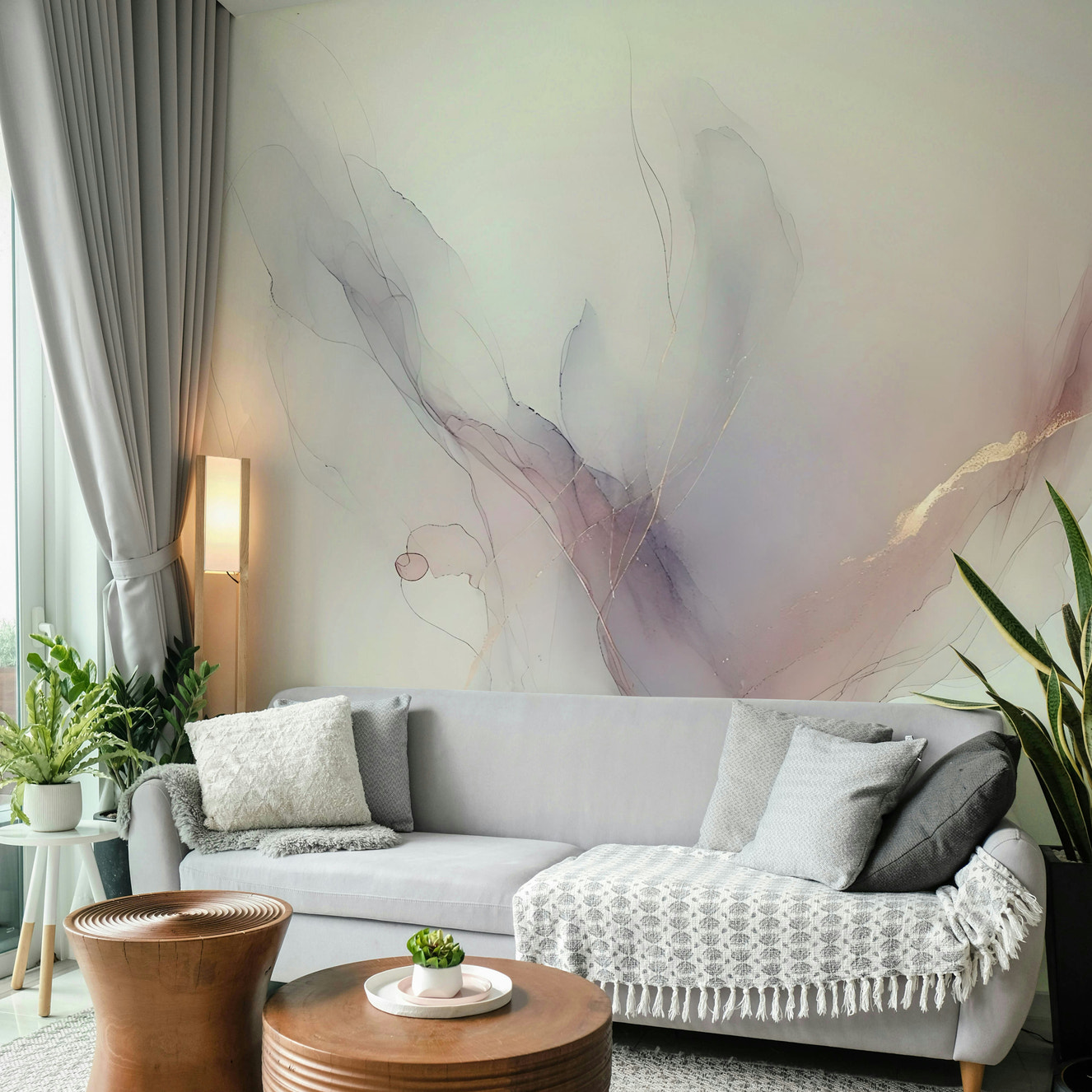 Whispering Hues Wall Mural in a modern apartment living room with a gray sectional.