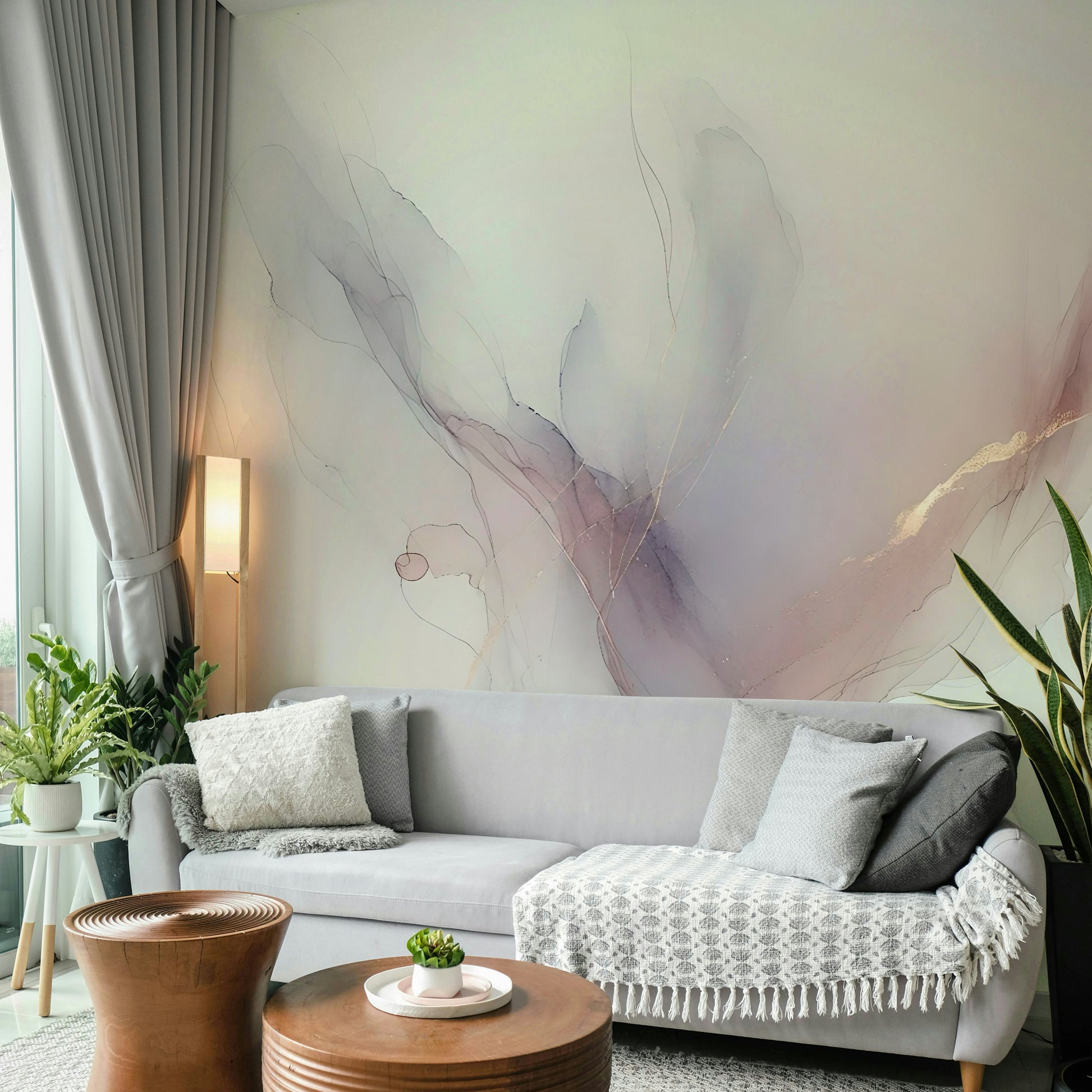 Whispering Hues Wall Mural in a modern apartment living room with a gray sectional.