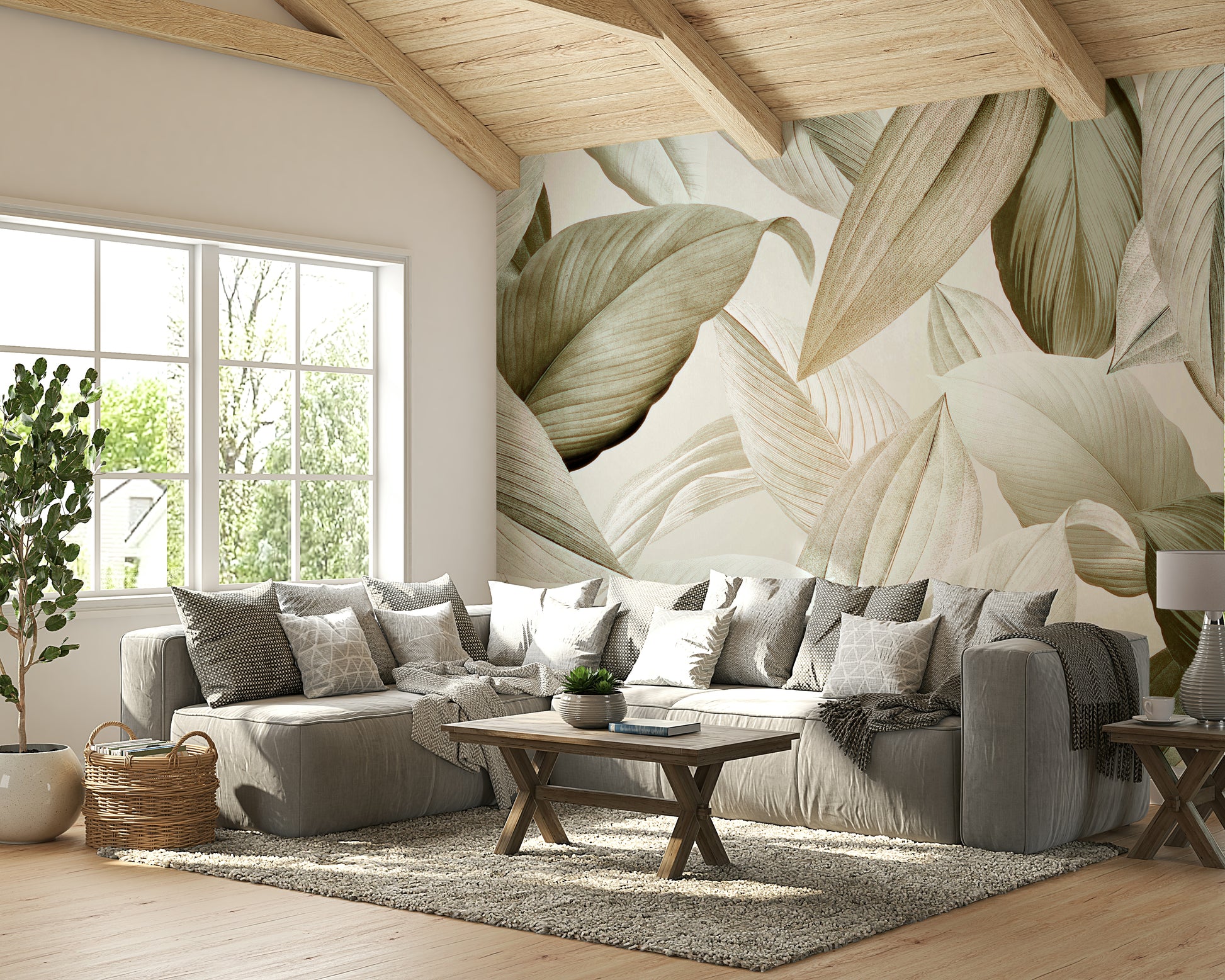 Soft, tranquil leaf mural for nature-inspired interiors

