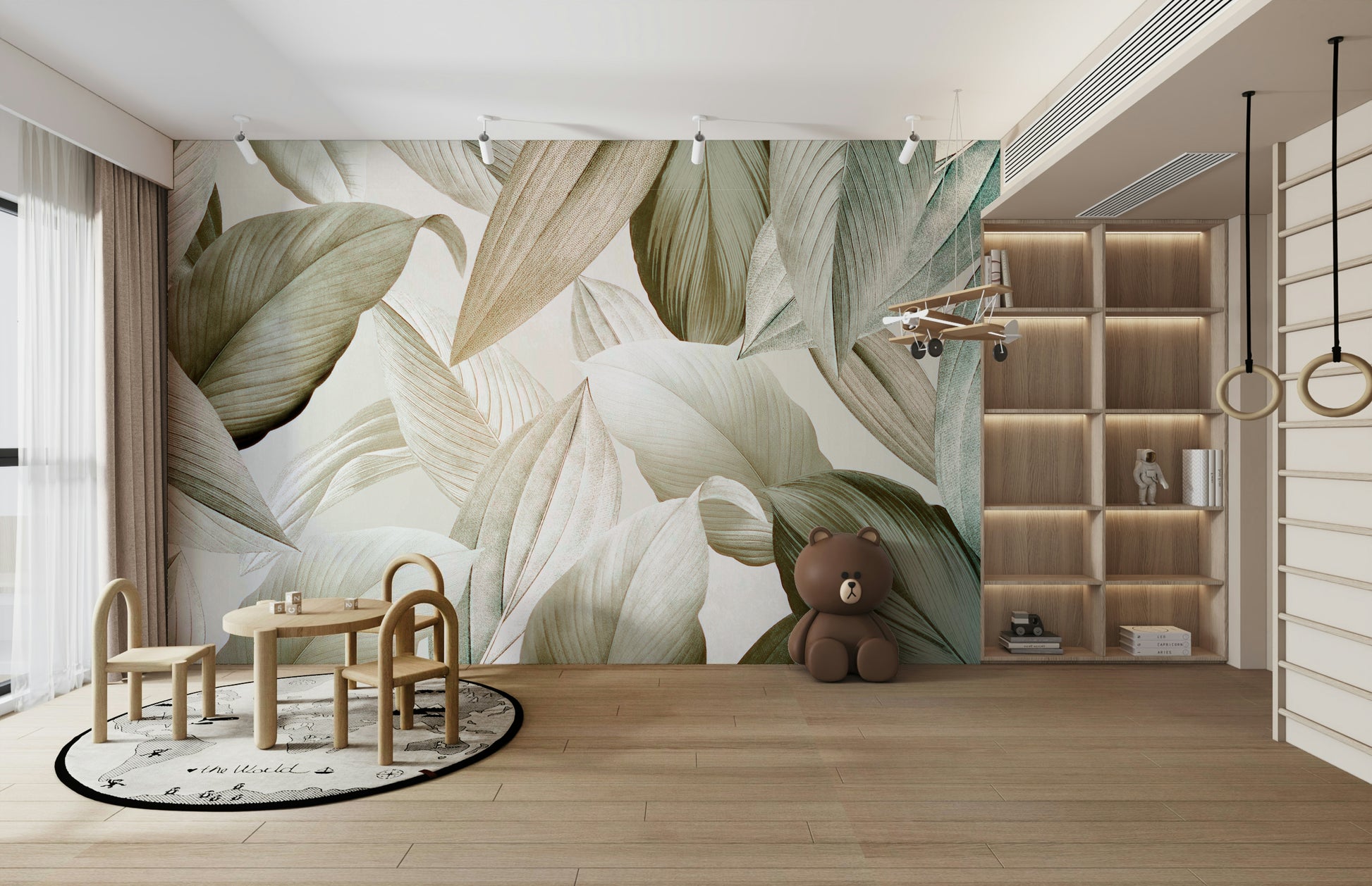 Elegant nature-inspired wall mural with softly swaying leaves

