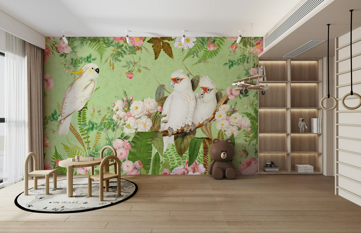 Hand-painted rose and bird wallpaper

