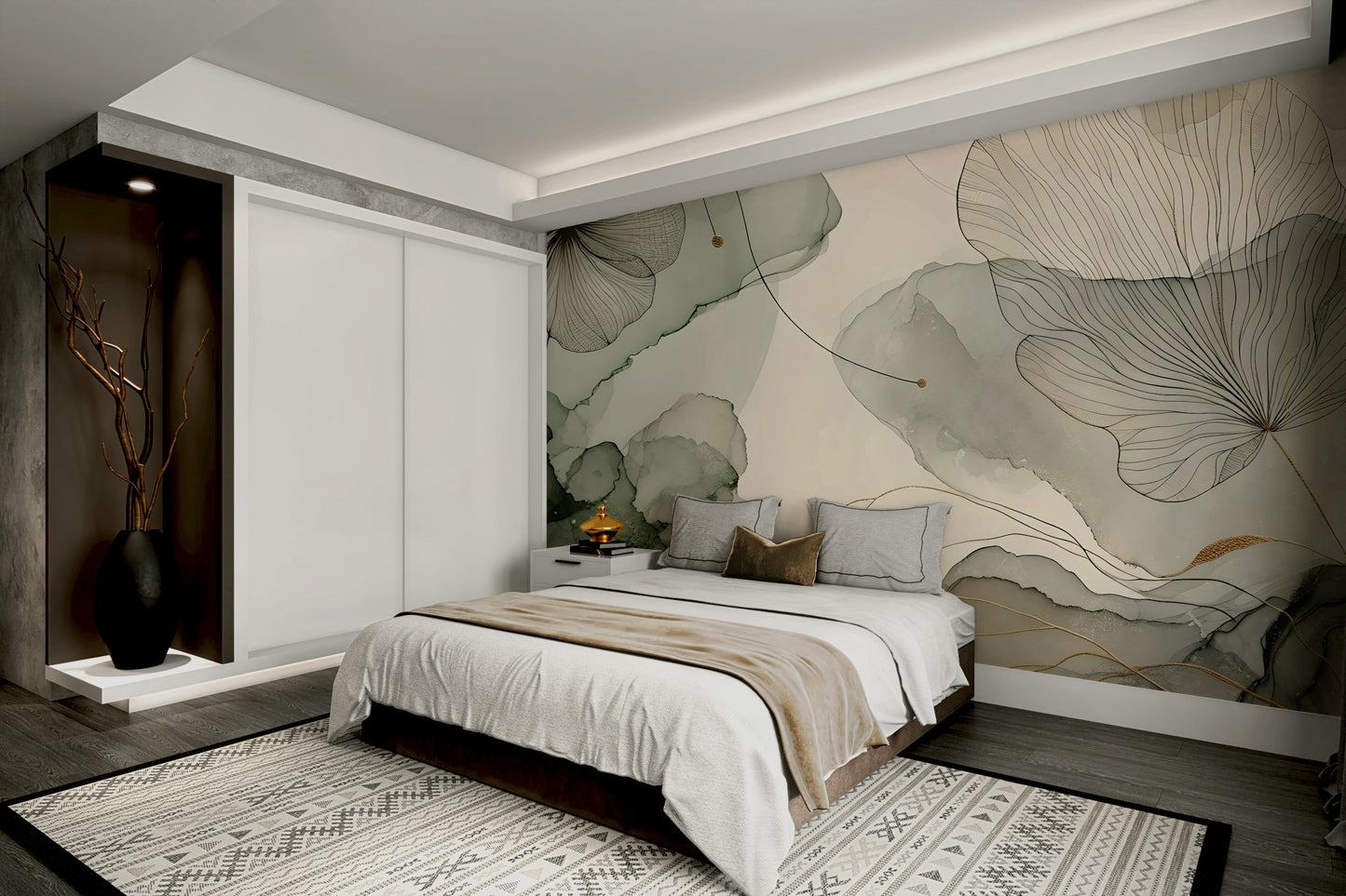 Whispering Sage Blossoms Wall Mural displayed in a bright flat with contemporary furniture.