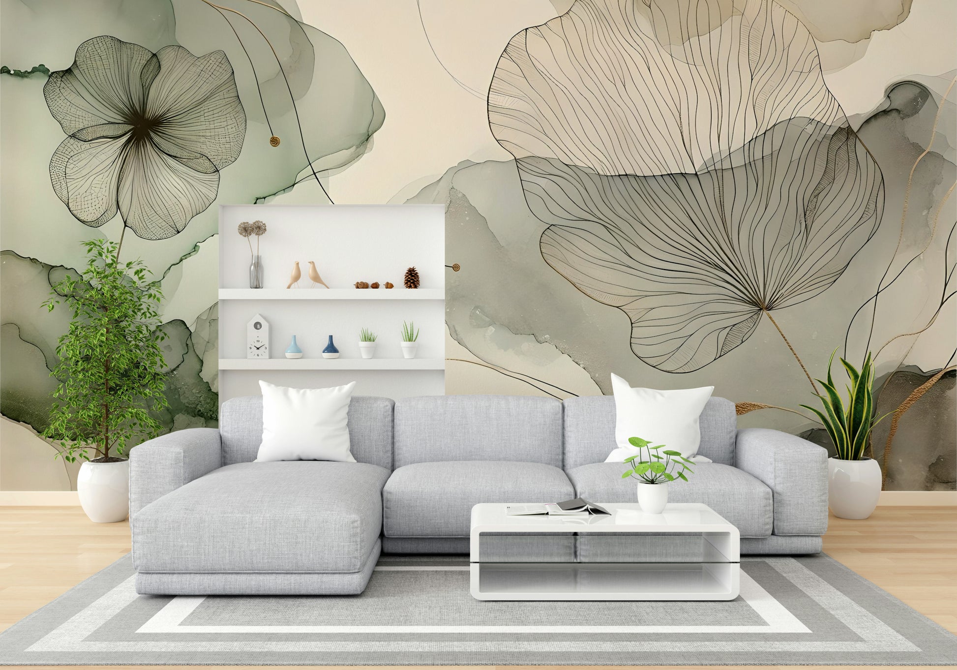 Whispering Sage Blossoms Wall Mural in a study area with sleek wooden desk.