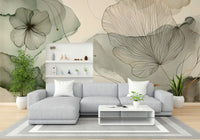 Whispering Sage Blossoms Wall Mural in a study area with sleek wooden desk.