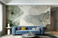 Soft green botanical wallpaper used for a stylish home décor update in a lounge.