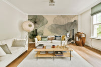 Botanical wall covering in a guest room with neutral colour palettes and textures.