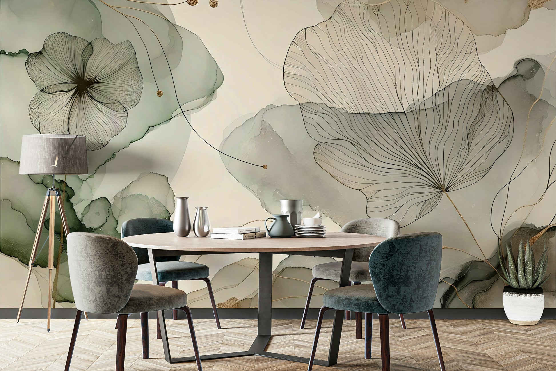 Whispering Sage Blossoms Wall Mural in a minimalist home office with natural lighting.