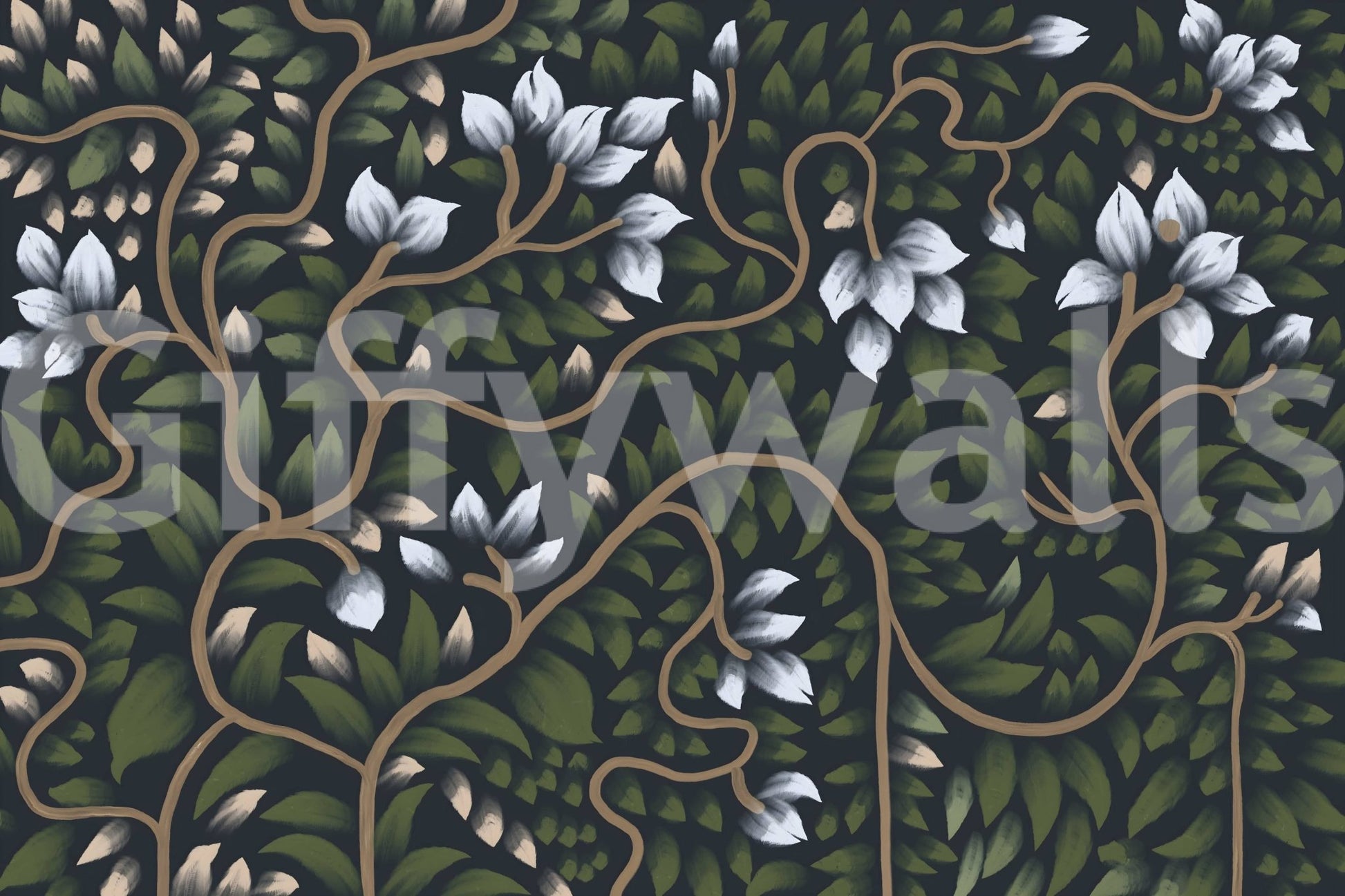 Serene nature Whispering Secrets peel and stick wallpaper leafy backdrop.