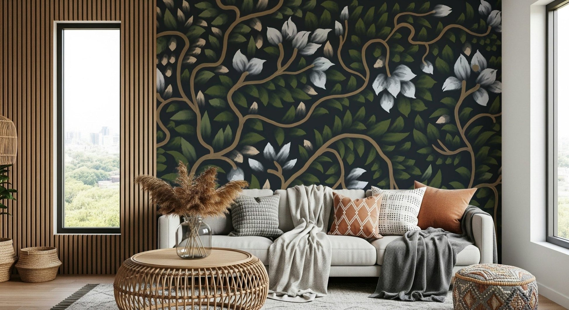Artistic leaf Whispering Secrets wall mural for sophisticated interior styling.