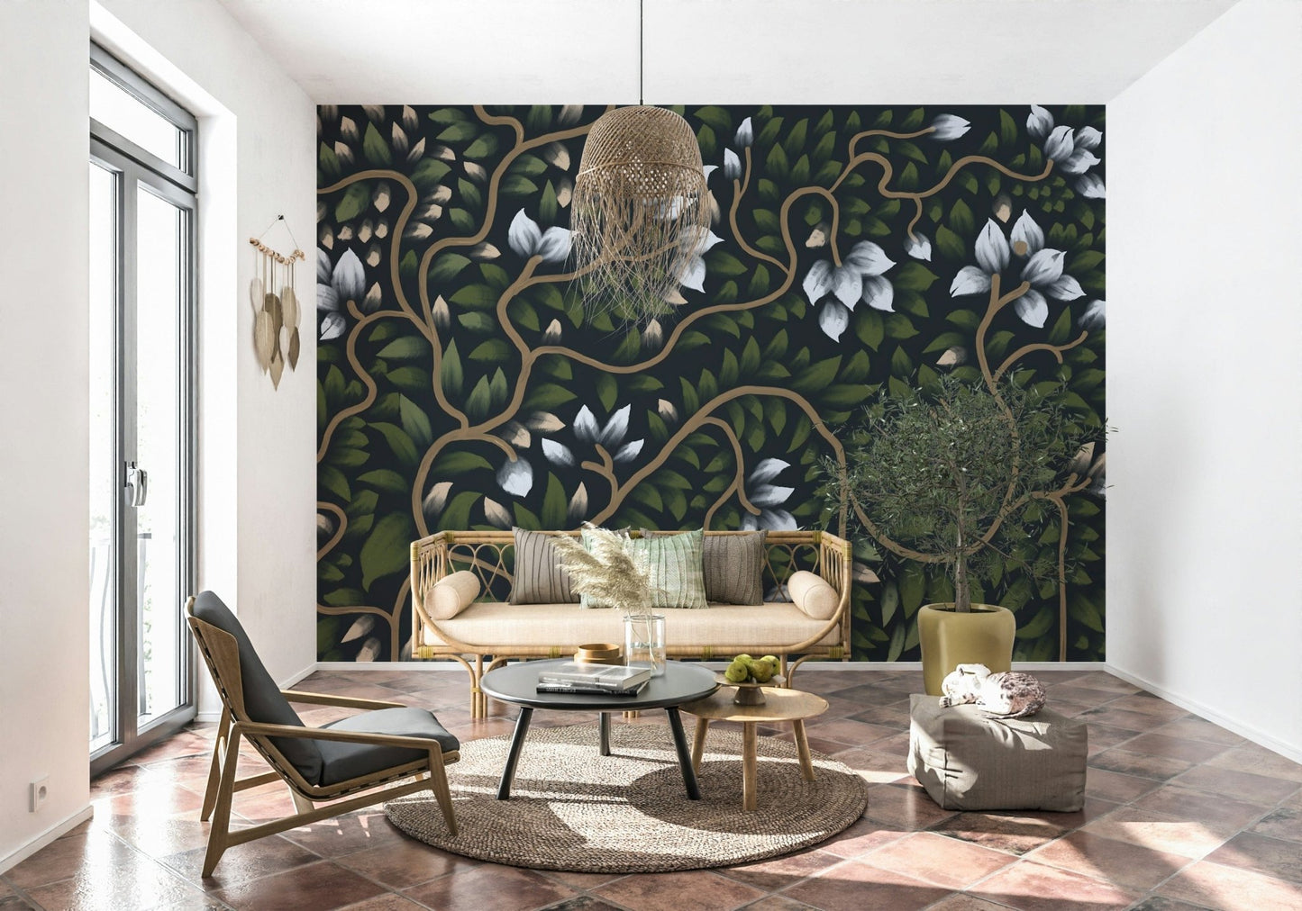 Elegant floral Whispering Secrets wallpaper for walls in deep emerald.