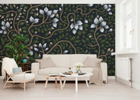 Whispering Secrets midnight garden wall mural featuring hand-painted leaves.