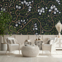 Enchanted forest Whispering Secrets wall mural with ivory flower buds.