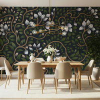 Whispering Secrets twilight flora wallpaper for walls adds mystery.