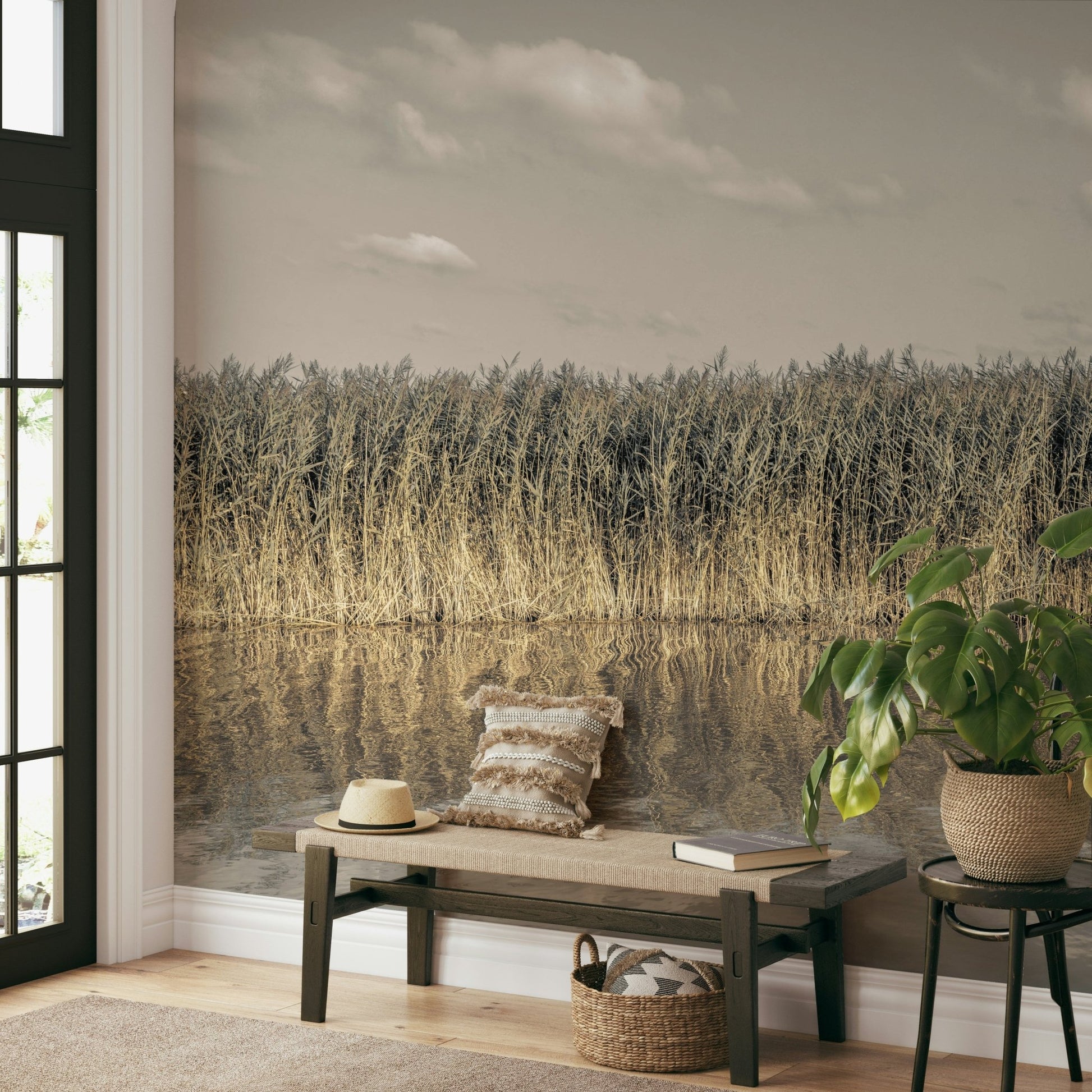 Whispering Water Grass mural on a living room wall.

