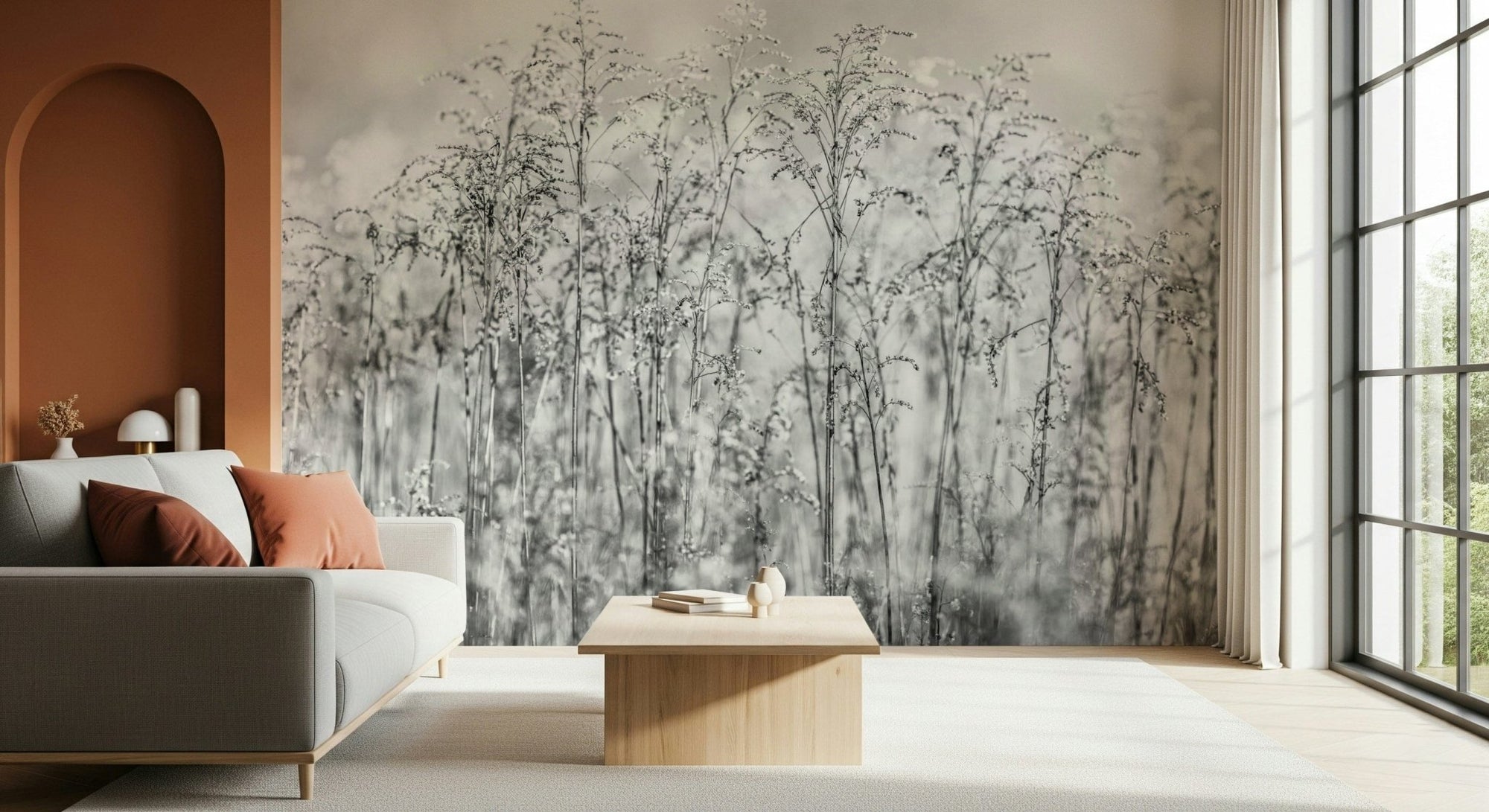 Whispering Weeds wallpaper mural in soft grey meadow grasses behind a grey sofa beside a terracotta arch living room