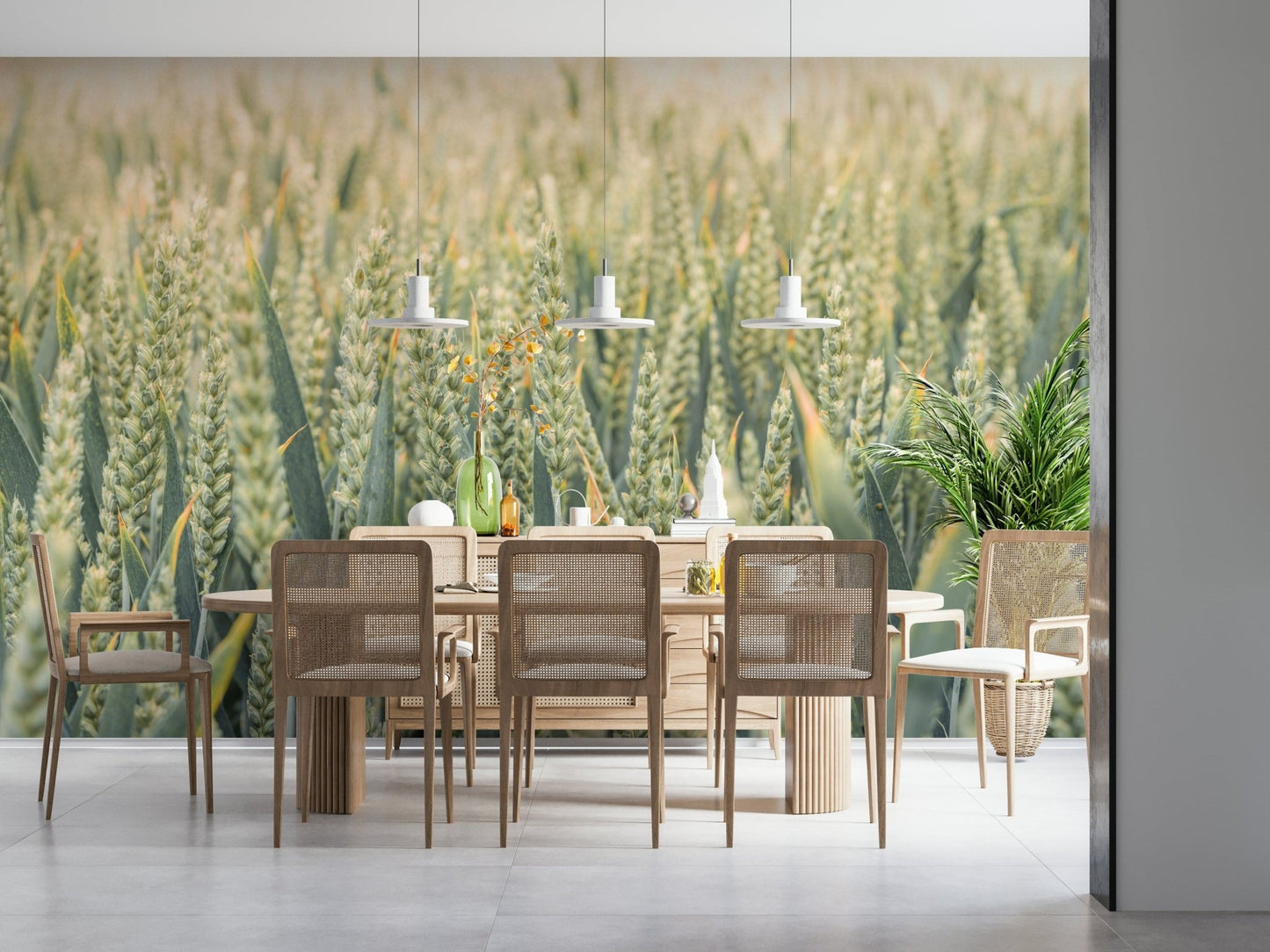 A minimalist wheat field wallpaper with delicate golden grains swaying gracefully.