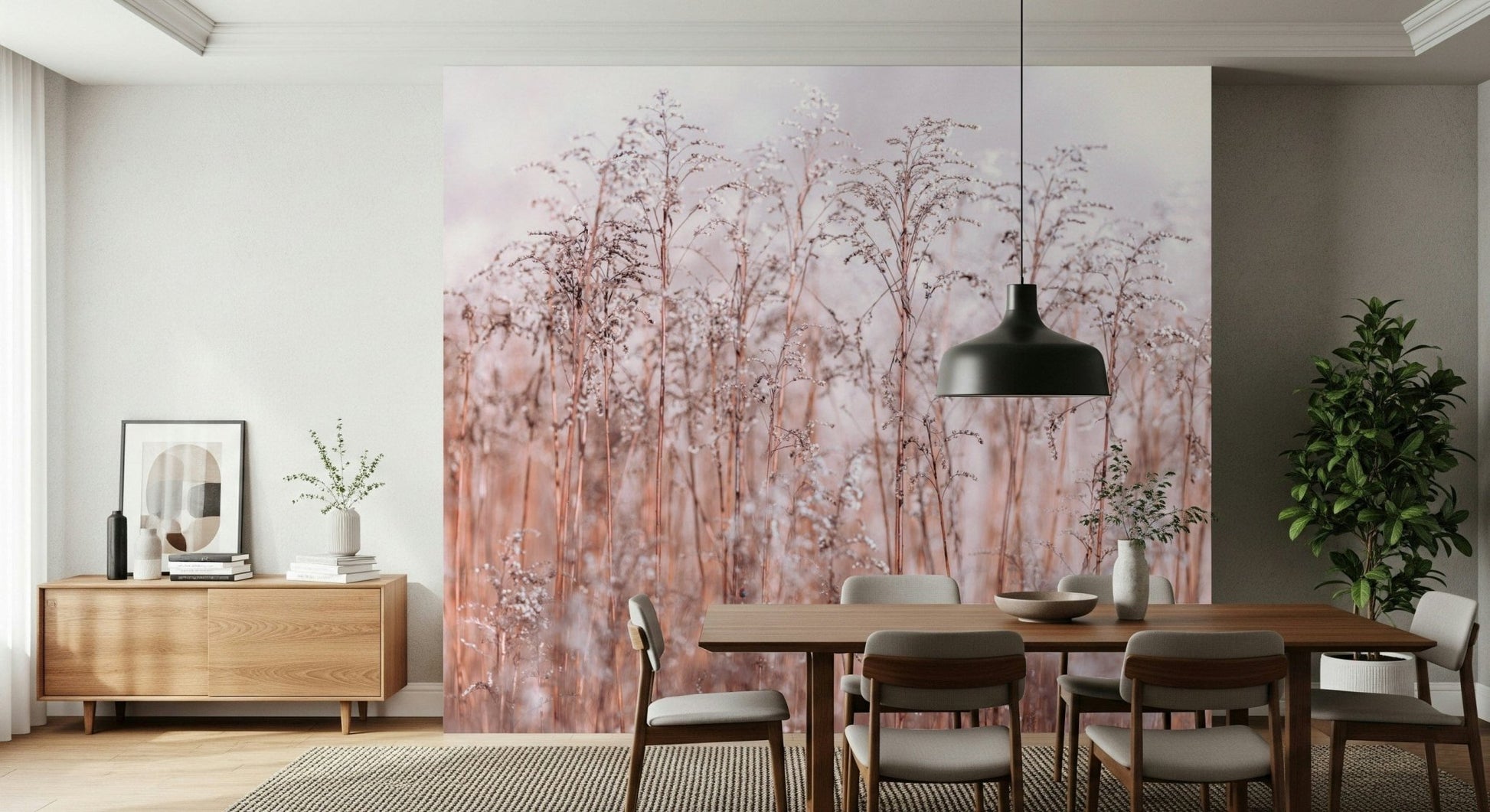 Faded Whispering Winter Reeds botanical wallpaper, pale neutral tones.