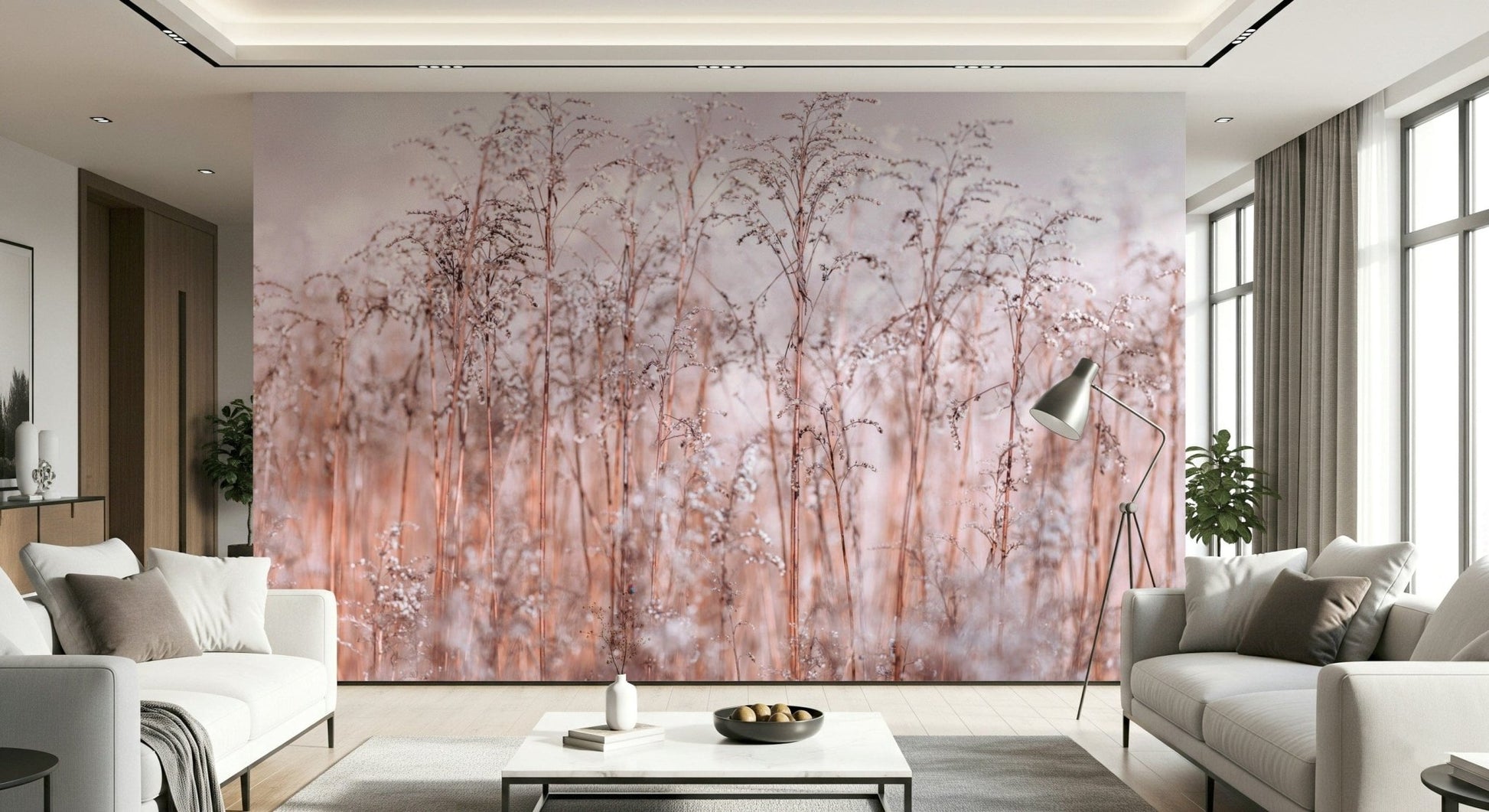 Soft-focus Whispering Winter Reeds image wallpaper, pink and white.
