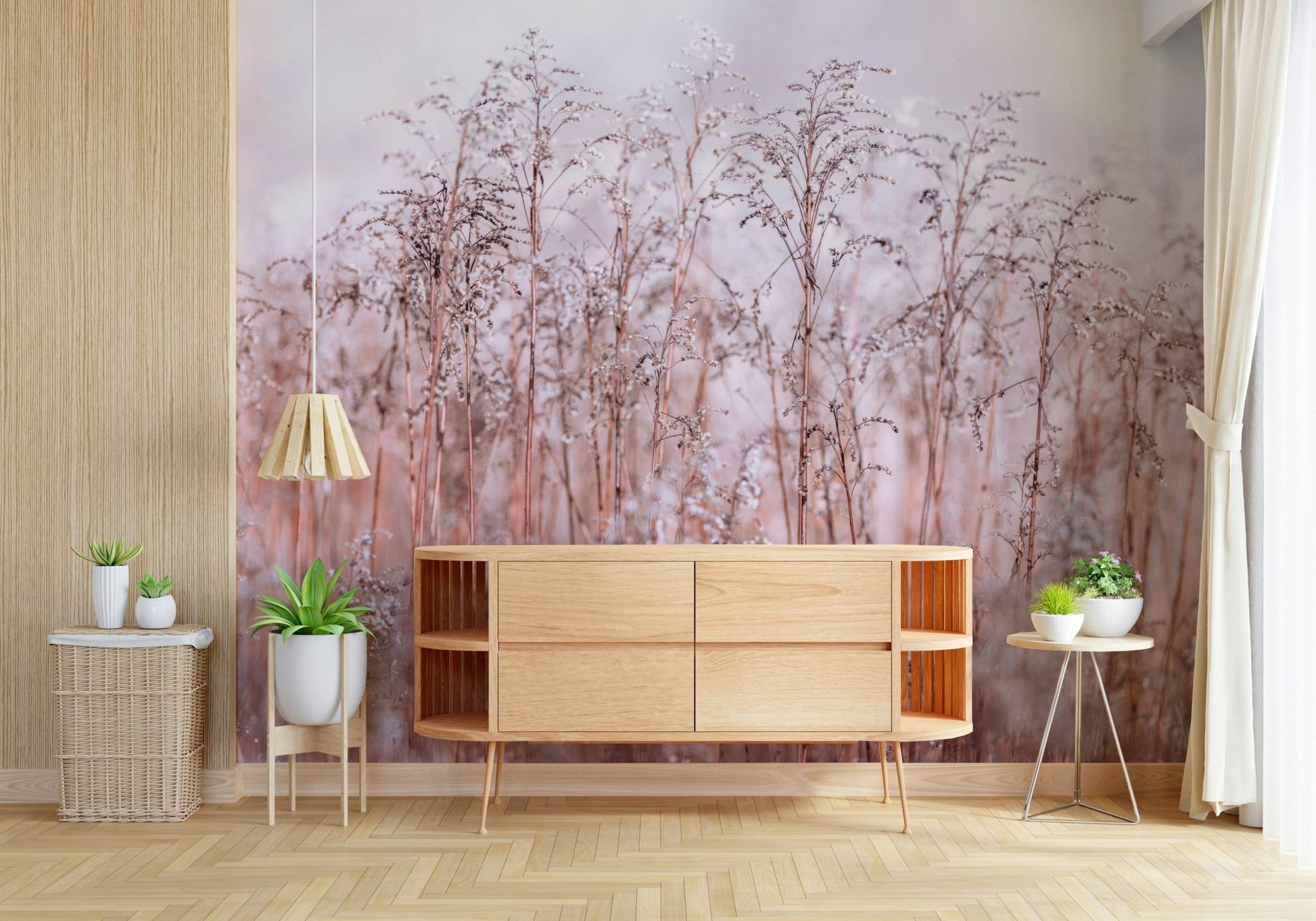 Blush Whispering Winter Reeds wallpaper, minimalist winter scene.